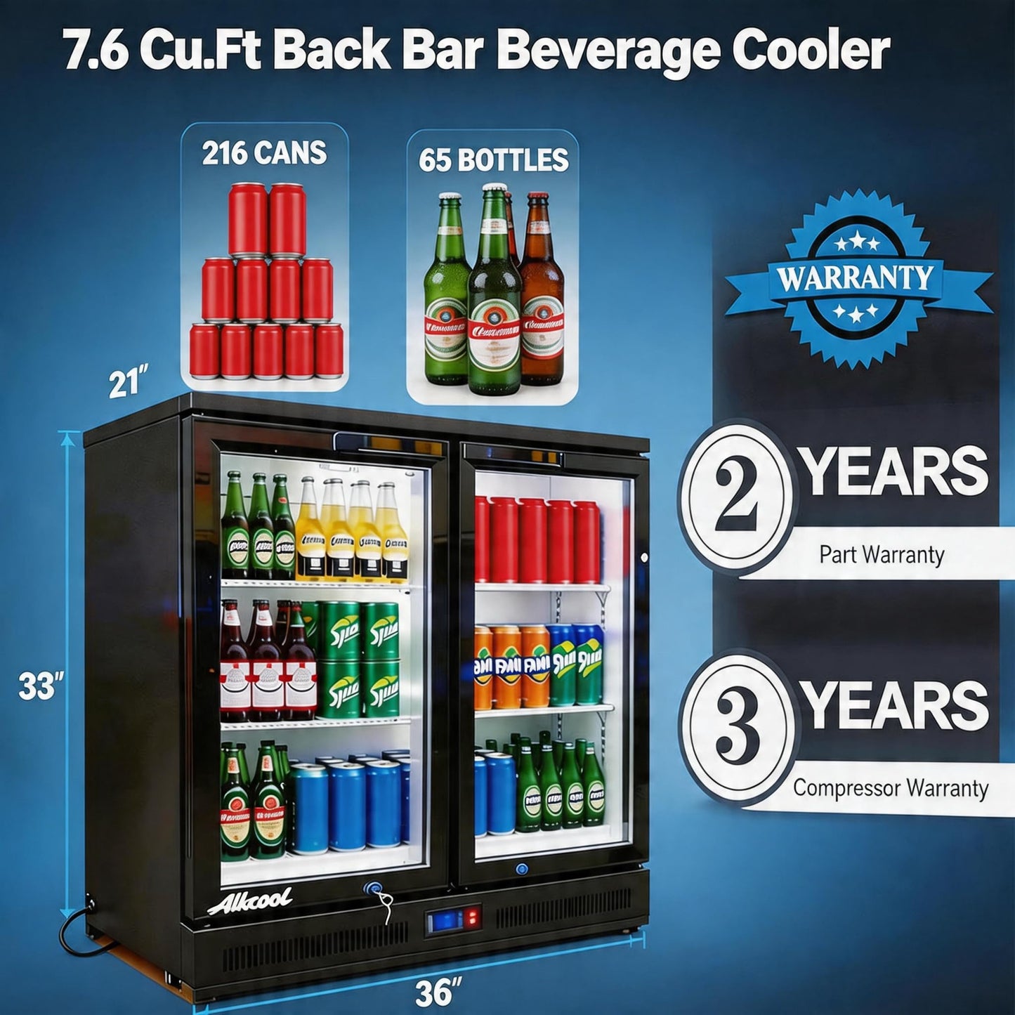 NAFCOOL Back Bar Cooler Under Counter Beverage Refrigerator, 7.5 Cu Ft Undercounter Fridge,2 Door 36 inch Commercial Beer Built-In Cooler with LED Light Adjustable Shelves Safety Locks,ETL Approval