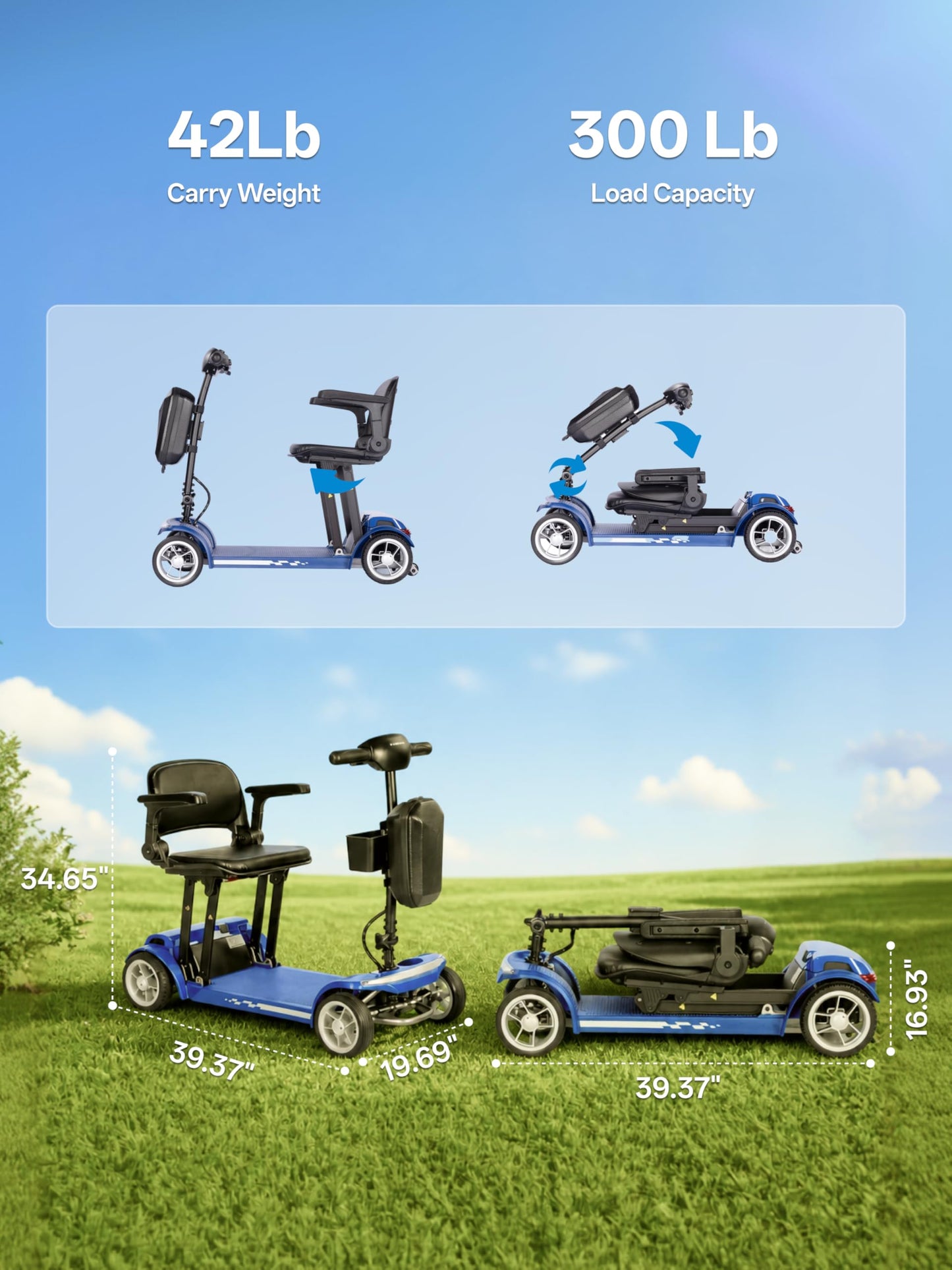 Cyseekin Mobility Scooters for Seniors & Adults, Airline Approved 42 lb Lightweight 4-Wheel Foldable Mobility Scooter, 300 lb Capacity, Removable 12Ah Lithium Battery, Anti-Tip Wheels, Trunk Portable