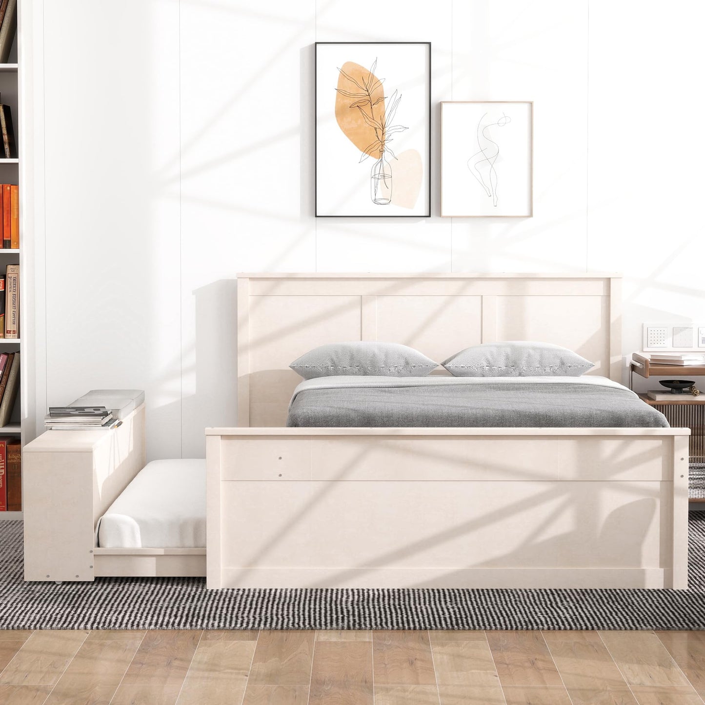 Merax Classic Solid Wood Platform Bed with Trundle Bed and Storage Cabinet, Full Storage Bed Frame with Headboard for Bedroom, Guest Room,No Box Spring Needed, Space Saving, Cream White