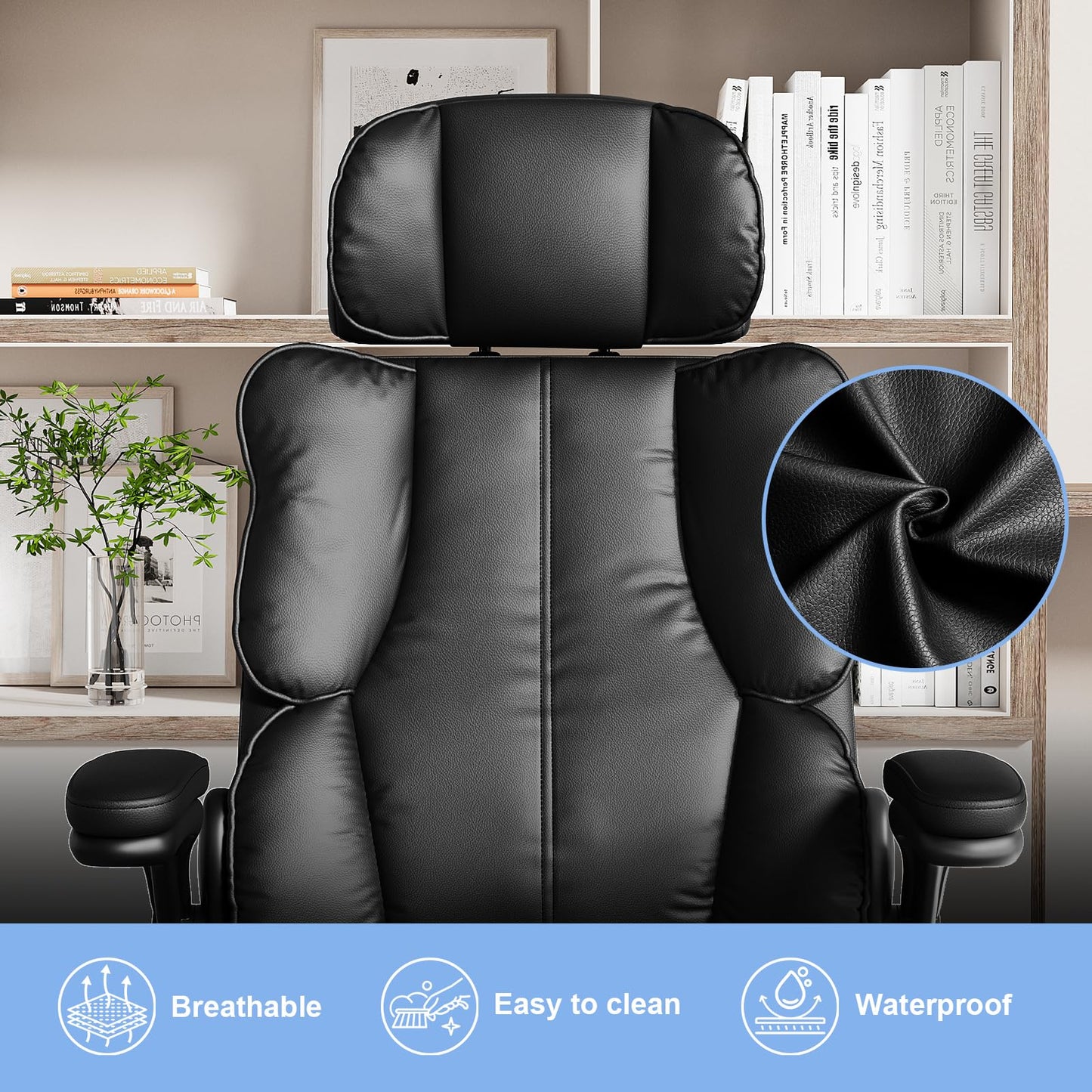 Kensaker Office Chair with Adjustable Headrest & Lumbar Support for for Lower Back Pain Relief, Executive PU Leather Chairs Comfy with Double Padding & 135° Rocking for Home Office, Black