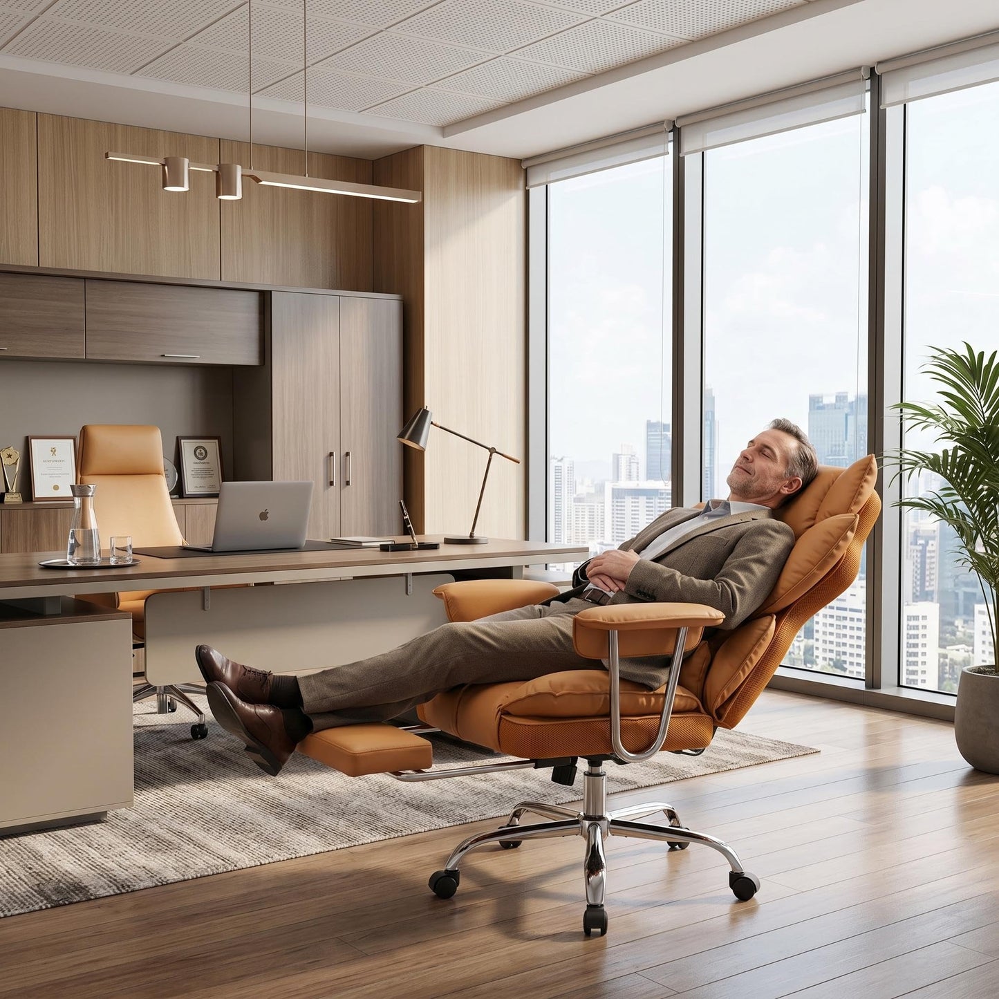Big and Tall Office Chair with Pocket Spring Cushion, High Back Ergonomic Desk Chair for Home Office, Thick Padded Seat, Adjustable Armrests & Lumbar Support, with Footrest, PU Leather, Brown