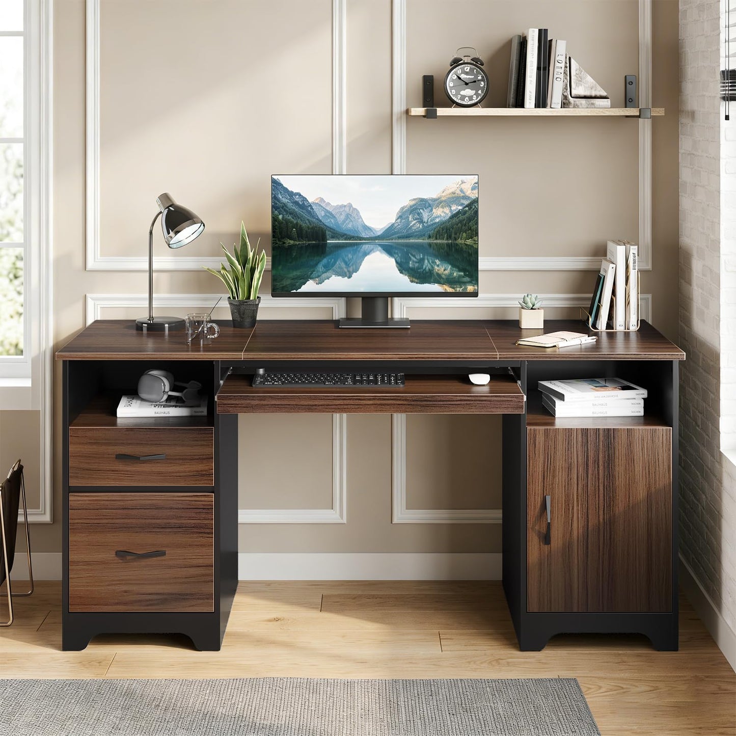 Bestier 59”Executive Desk with 2 Drawers,Computer Desk with Storage Cabinet,Industrial Wood Desk with File Drawer,Keyboard Tray & 2 Pedestals for Home Office & Studio,Cherry