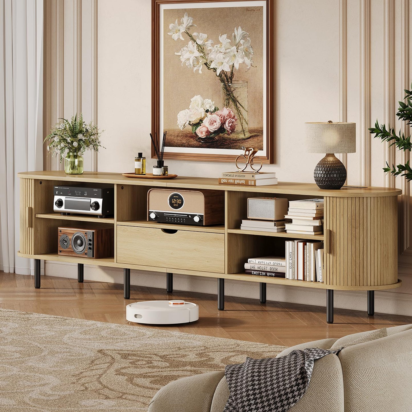 86.6" TV Stand with Power Outlet for TVs up to 85 Inch, Oak Media Console