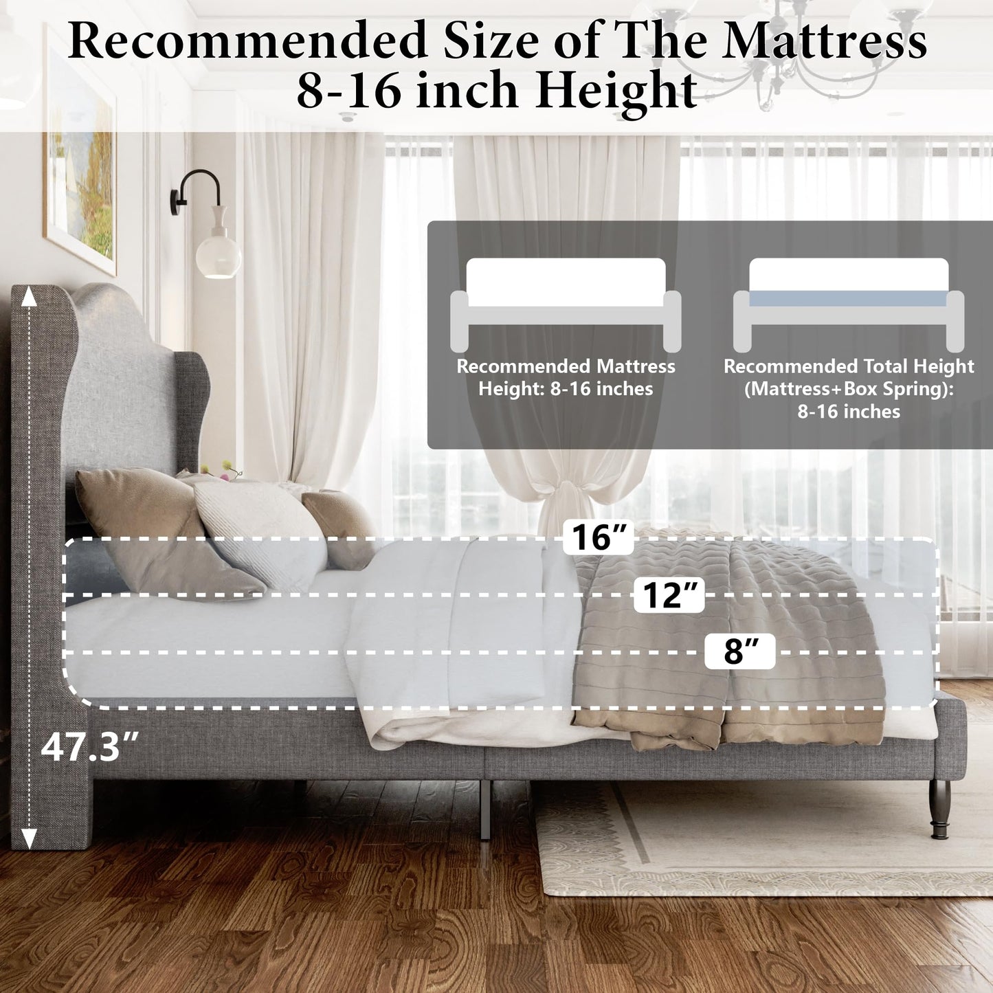 Feuorlwe Queen Size Upholstered Platform Bed Frame, Light Grey