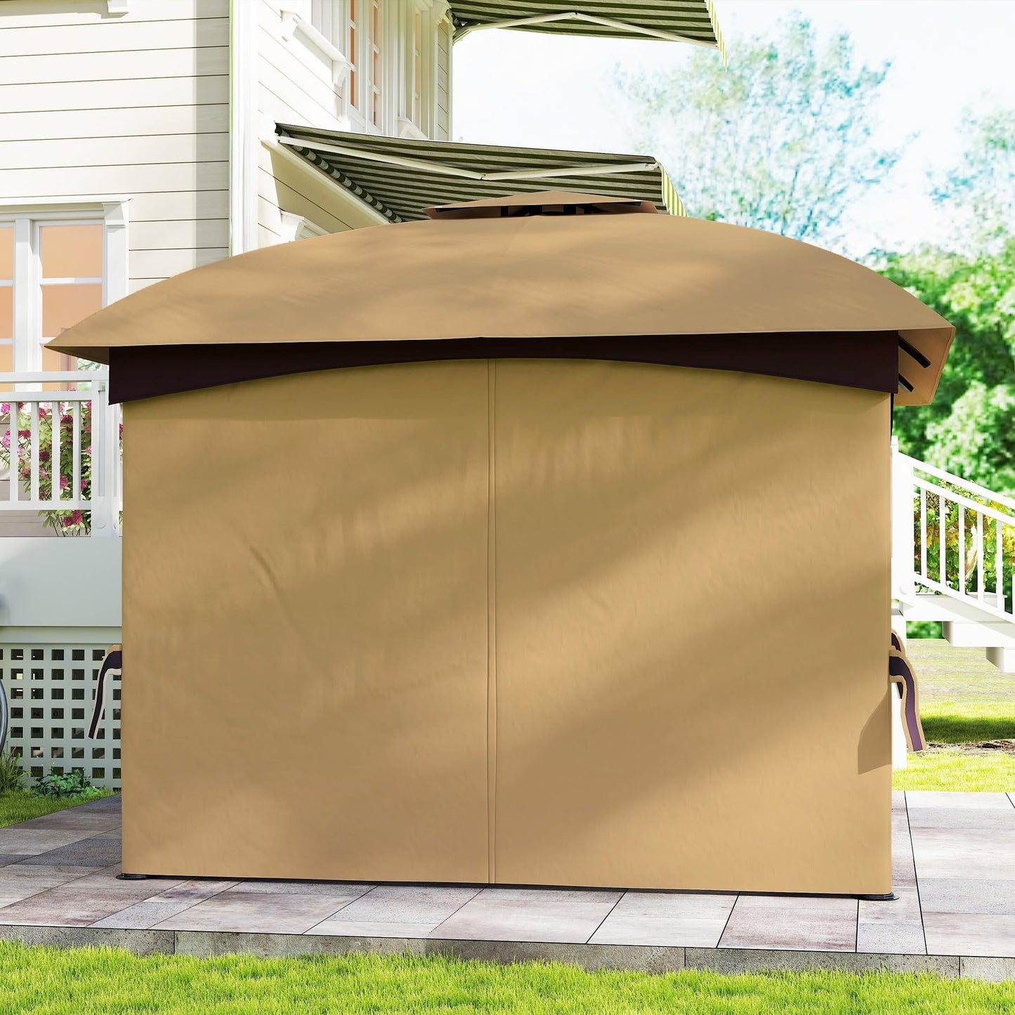 Outsunny 11' x 11' Outdoor Gazebo, Arc Patio Gazebo Canopy Shelter, UV Protected, with Curtains, Church Windows, Double Roof, Galvanized Steel Frame for Lawn, Backyard and Deck, Beige