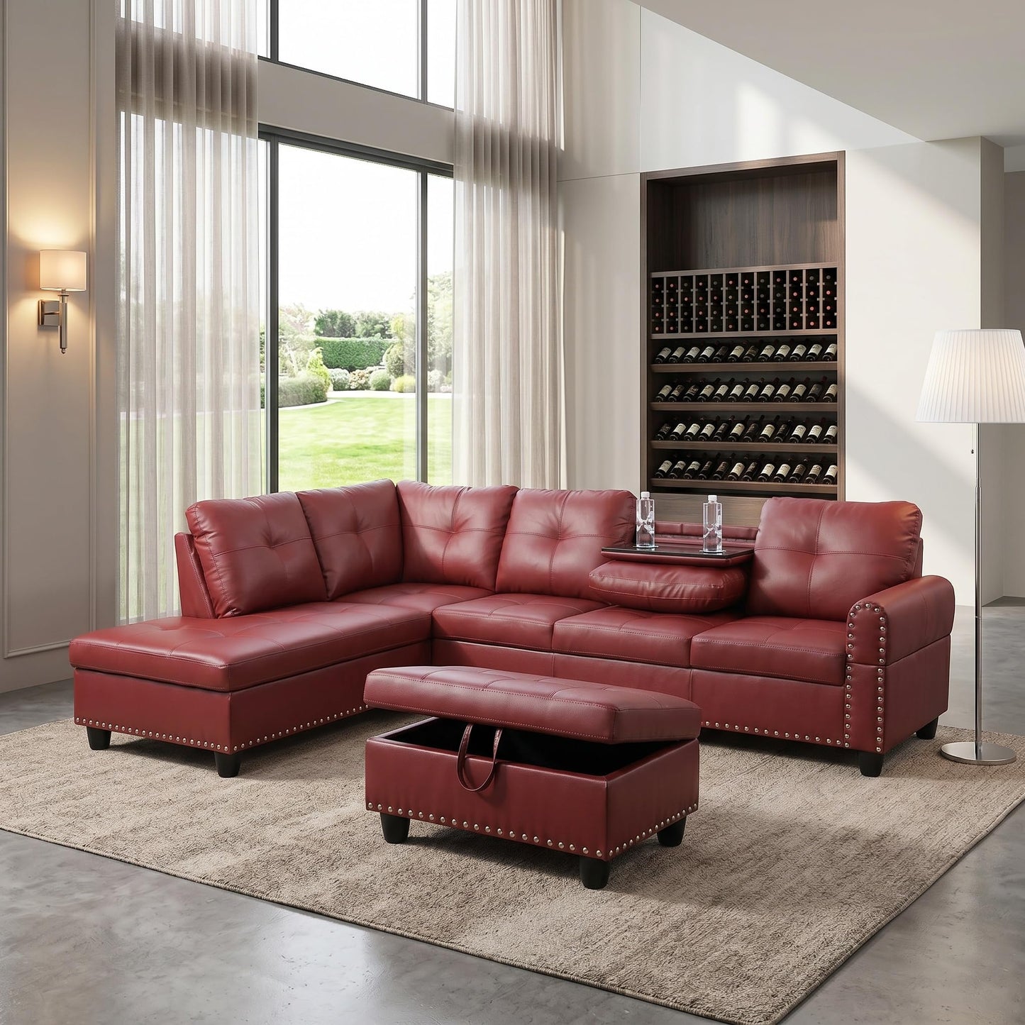 Topcomfy Leather L Shaped Sectional Couches for Living Room - 97.5“ x 69.5" Modular Sectional Sofa with Storage Ottoman, 4 Seat Home Sofa Living Room Furniture Sets with Chaise for Apartment, Red