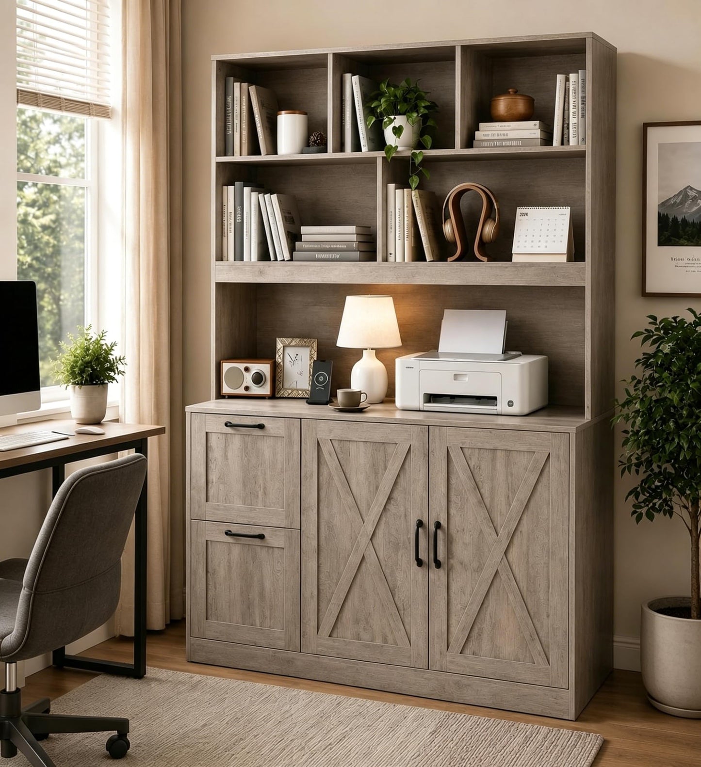 NORTHSKY 72" Tall Bookshelf with Drawers & Doors, Bookcase with Power Outlet and File Cabinet, Office Bookshelf with 2 File Drawers, Open Shelves & Storage Cabinets for Home Office, Greige