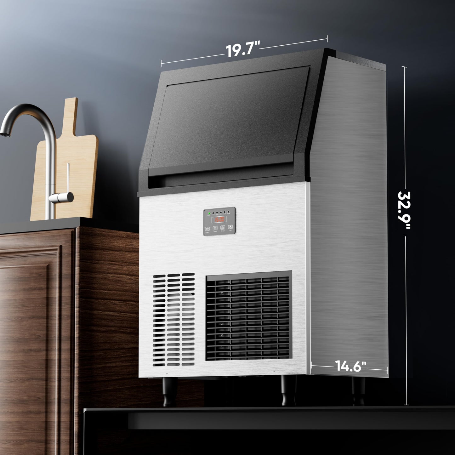 Coolake Commercial Ice Maker Machine 200lbs/24H, Air Cooled Under Counter Ice Maker with 50lbs Ice Storage, Stainless Steel Self Cleaning Freestanding Ice Maker for Home Bar Restaurant Kitchen