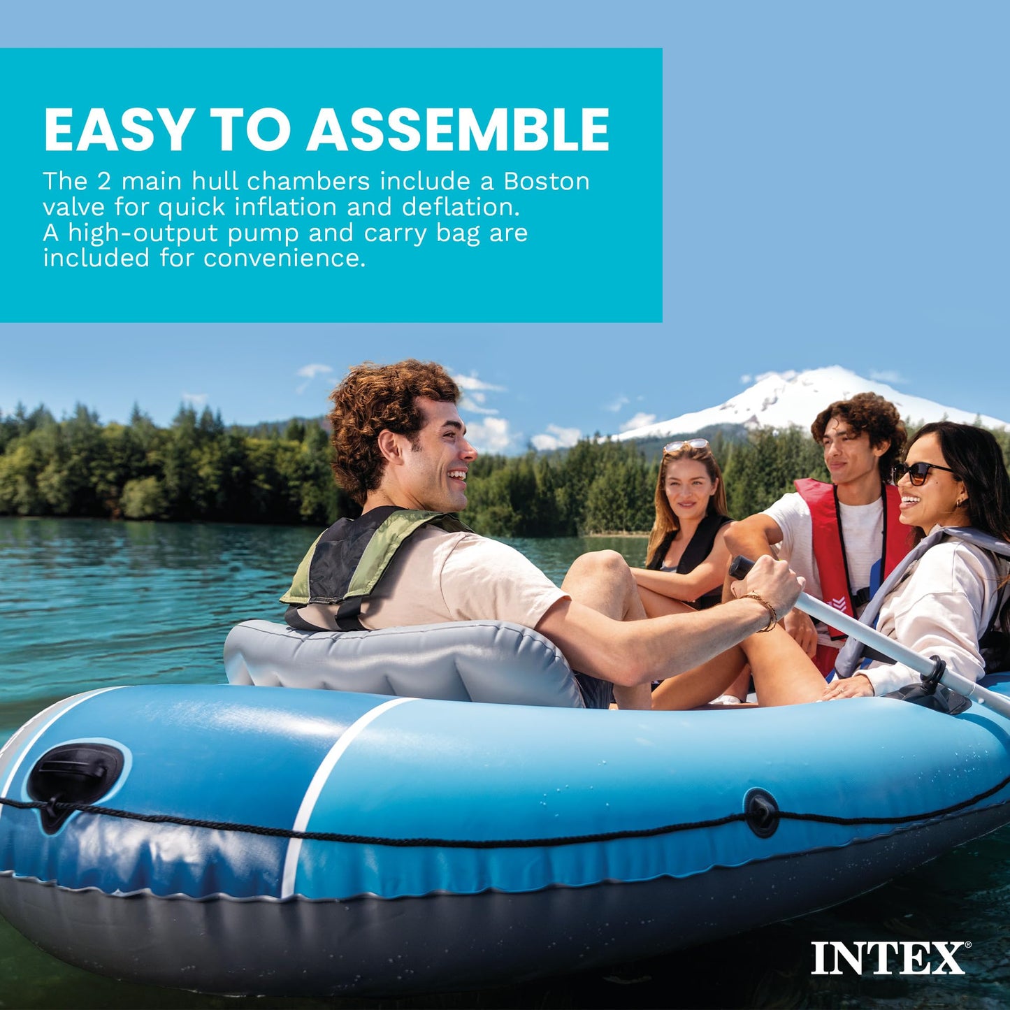 INTEX 66324EP Excursion 4 Inflatable Boat Set: Includes Deluxe 54in Aluminum Oars and High-Output Pump – Adjustable Seats with Backrest – Fishing Rod Holders – 4-Person – 1100lb Weight Capacity