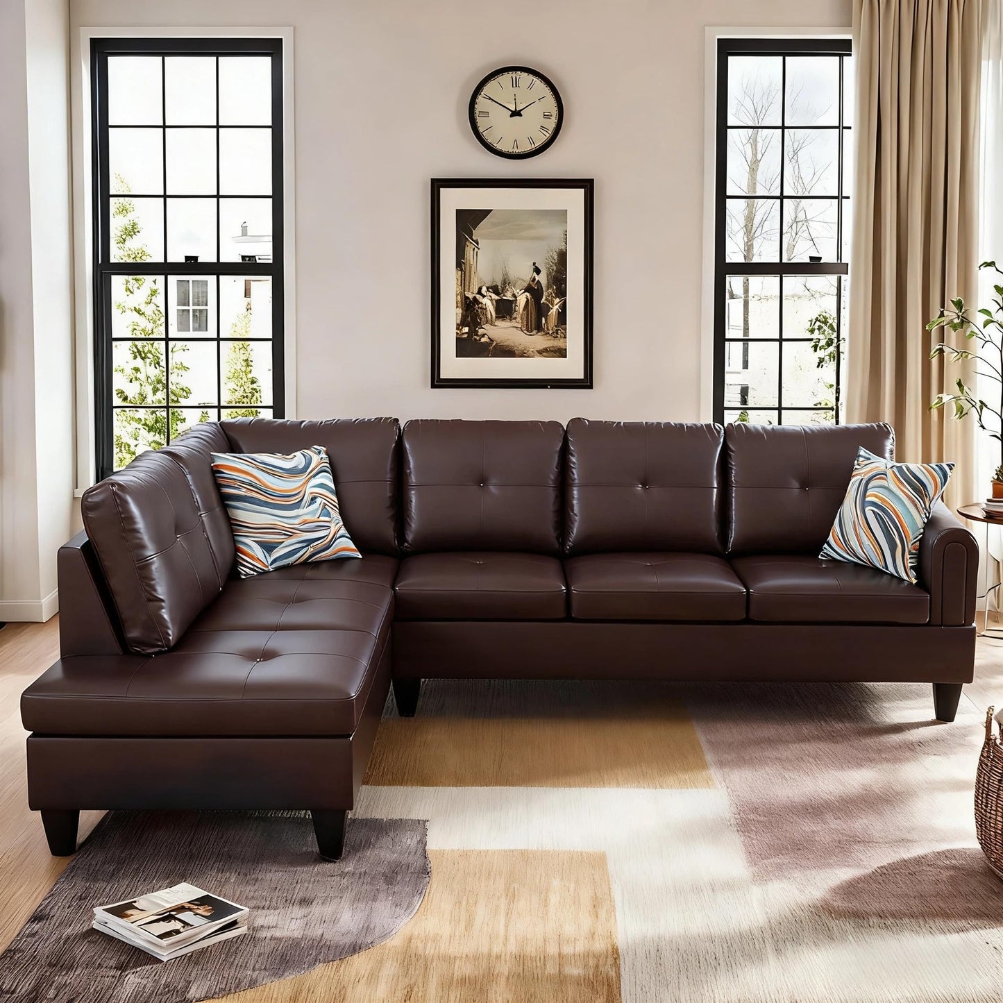 Trygoal L Shape Sectional Couch with Chaise, 97 Inch Modular Sofa with Ergonomic Reclined Backrest, Sectional Couches for Living Room, High-Density Foam, for Office and Small Apartment, Leather Brown