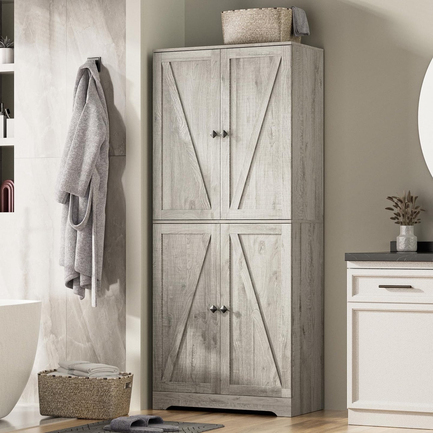 LYNSOM Farmhouse Storage Cabinet 72" Tall, Kitchen Pantry Cabinet with 4 Barn Doors and Adjustable Shelves, Freestanding Storage Cabinets for Kitchen, Grey