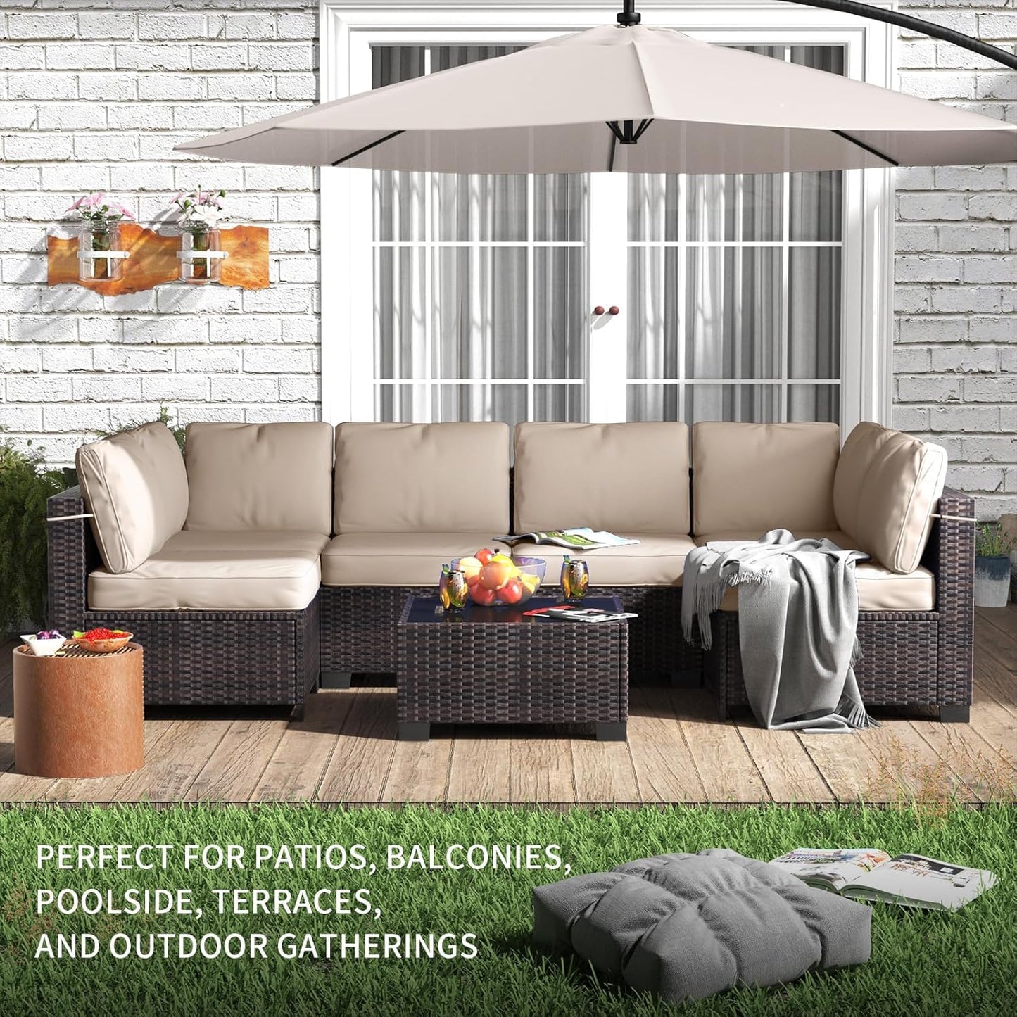 7 Piece Outdoor Patio Furniture Set, PE Rattan Conversation Sofa Set, Wicker Patio Set w/Thick Cushions & Glass Top Coffee Table, All-Weather Outside Furniture for Garden, Balcony,Porch(Brown+Beige)
