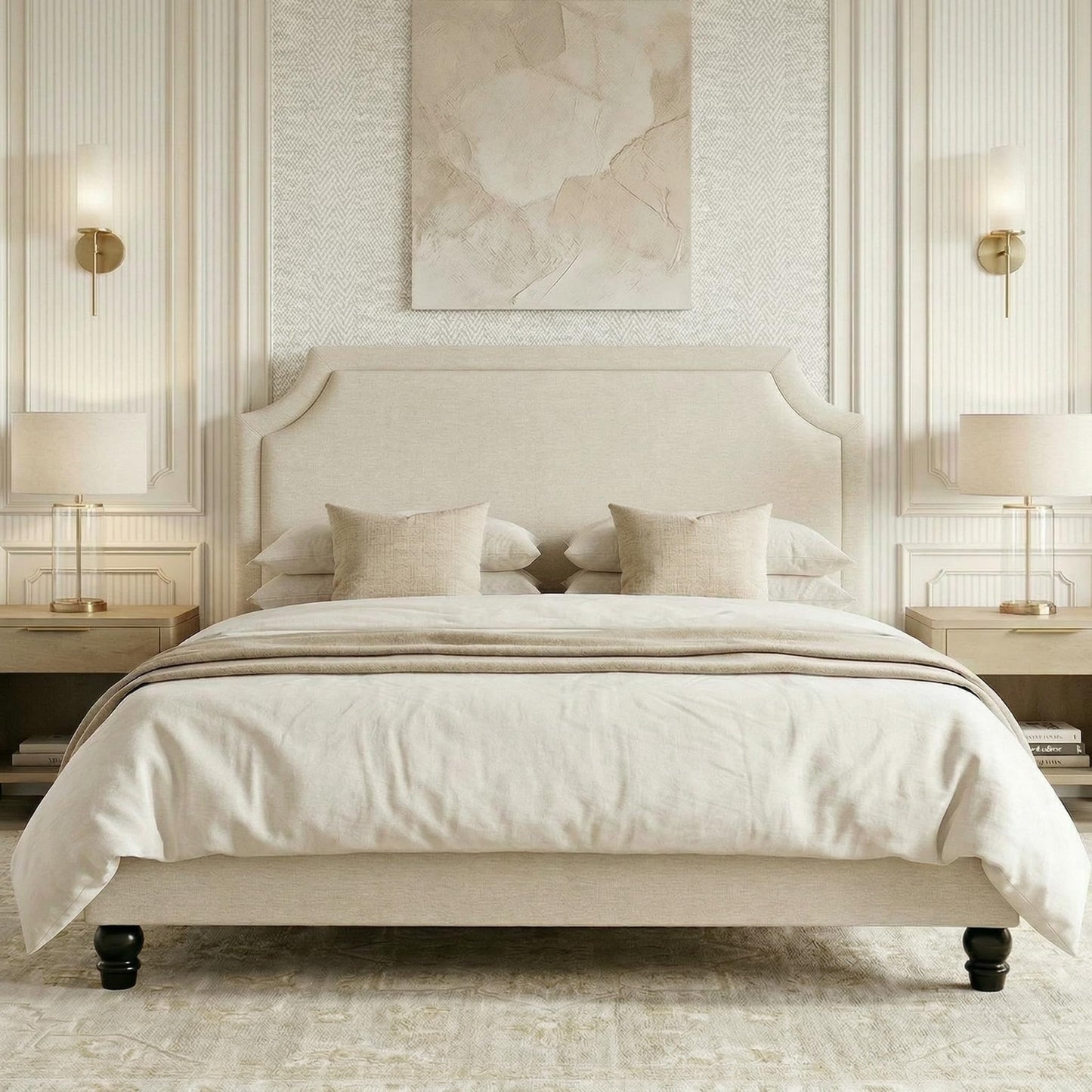 SHA CERLIN King Size Upholstered Platform Bed Frame, 50.6"-54.5" Tall Adjustable Minimalist Chenille Headboard, Strong Support, Noise-Free, No Box Spring Required, Beige