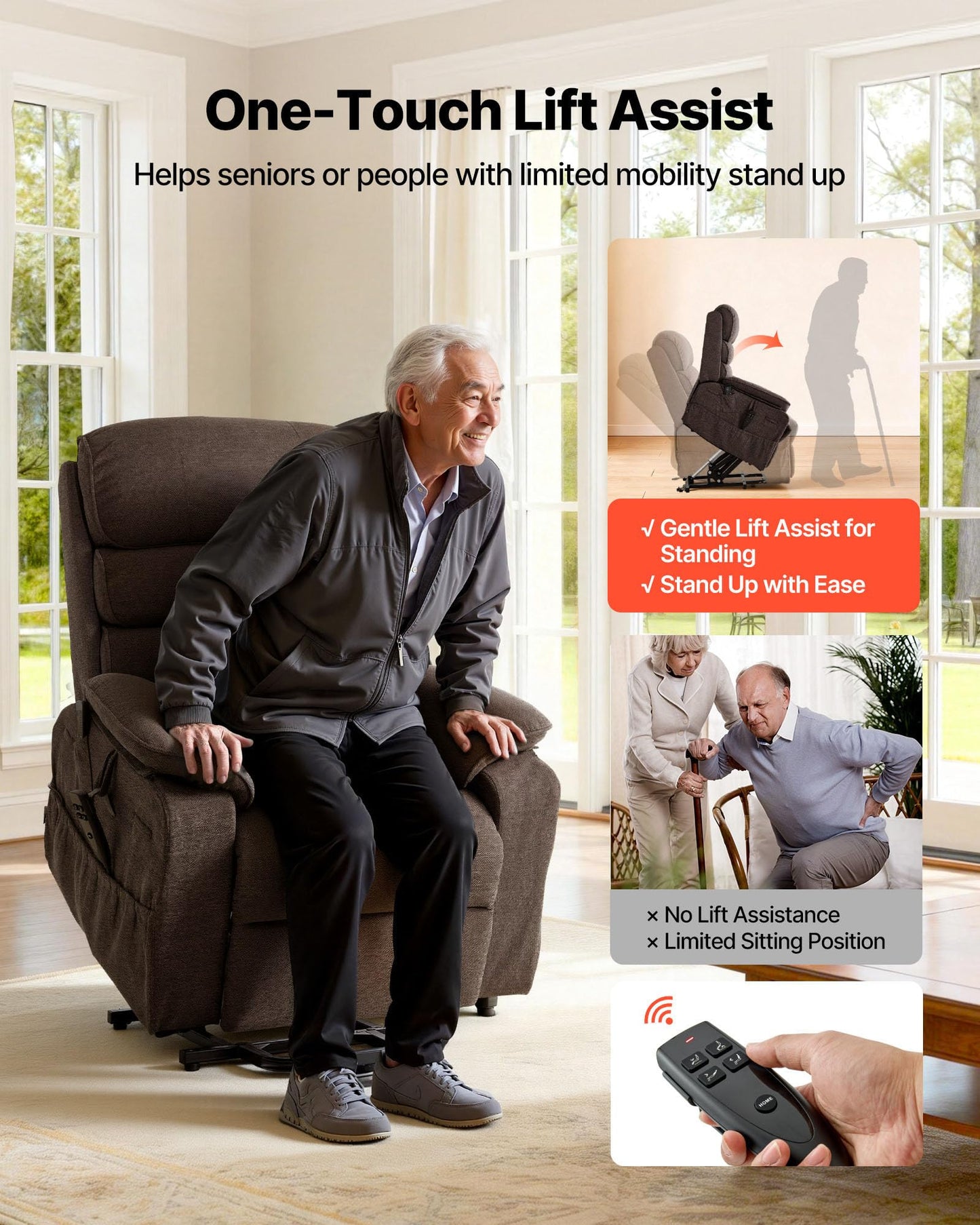 VEVOR Power Lift Recliner Chair, Dual Motor Lift Chair with Heat and Massage for Elderly, Position Adjustable, Remote Control, with Side Pockets, Chenille Fabric, Brown
