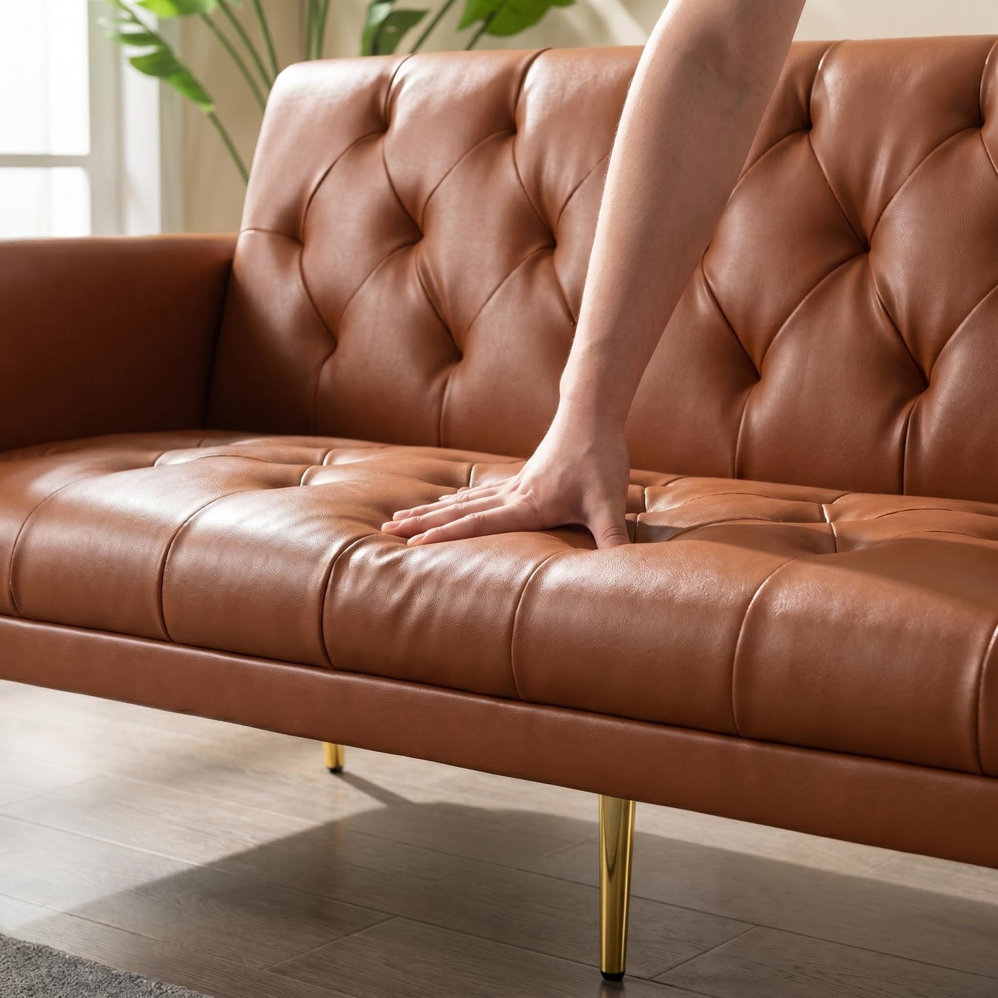 Trygoal Futon Sofa Bed, PU Leather Futon Couch Bed with Adjustable Backrest, Convertible Sofa Beds with 2 Throw Pillows, Small Couches for Small Spaces, Apartment, Bedroom, Living Room, Brown