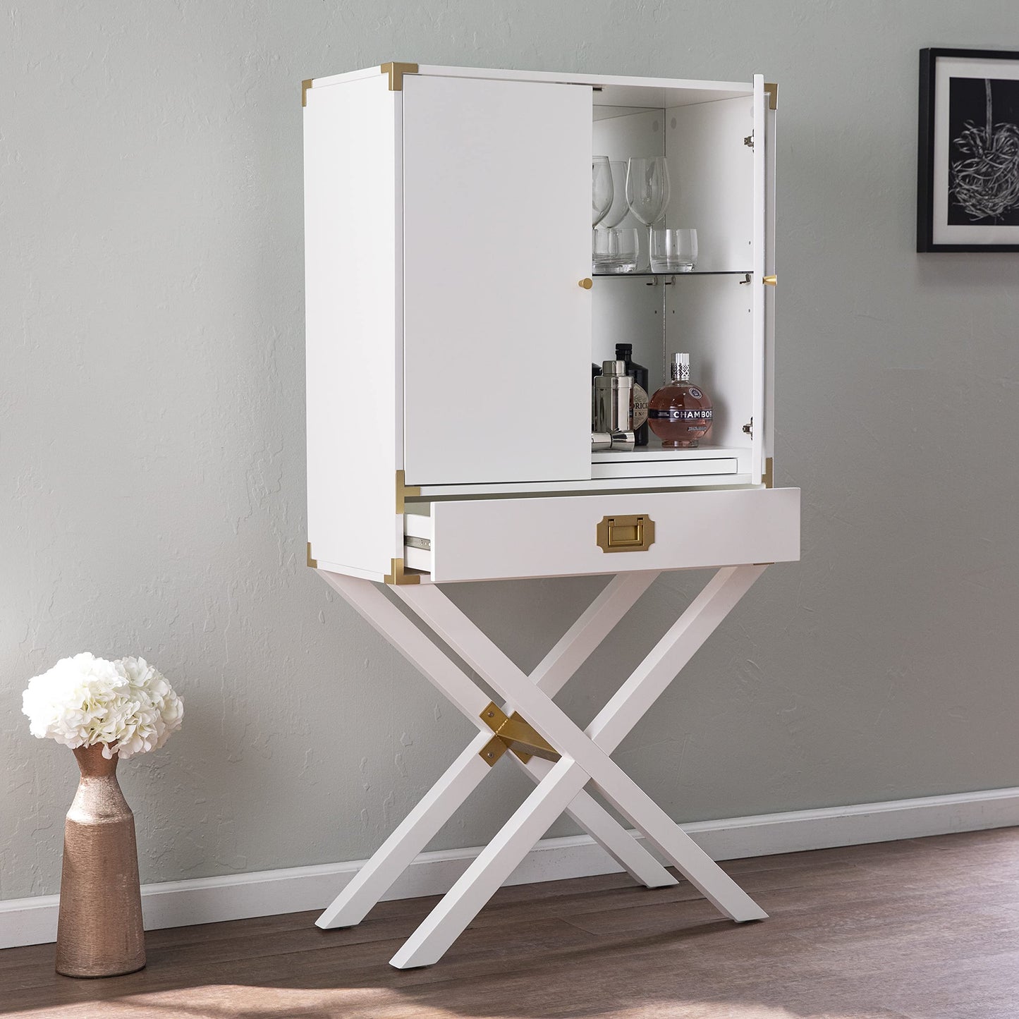SEI Furniture Campaign Tall Bar Cabinet w/Storage, White
