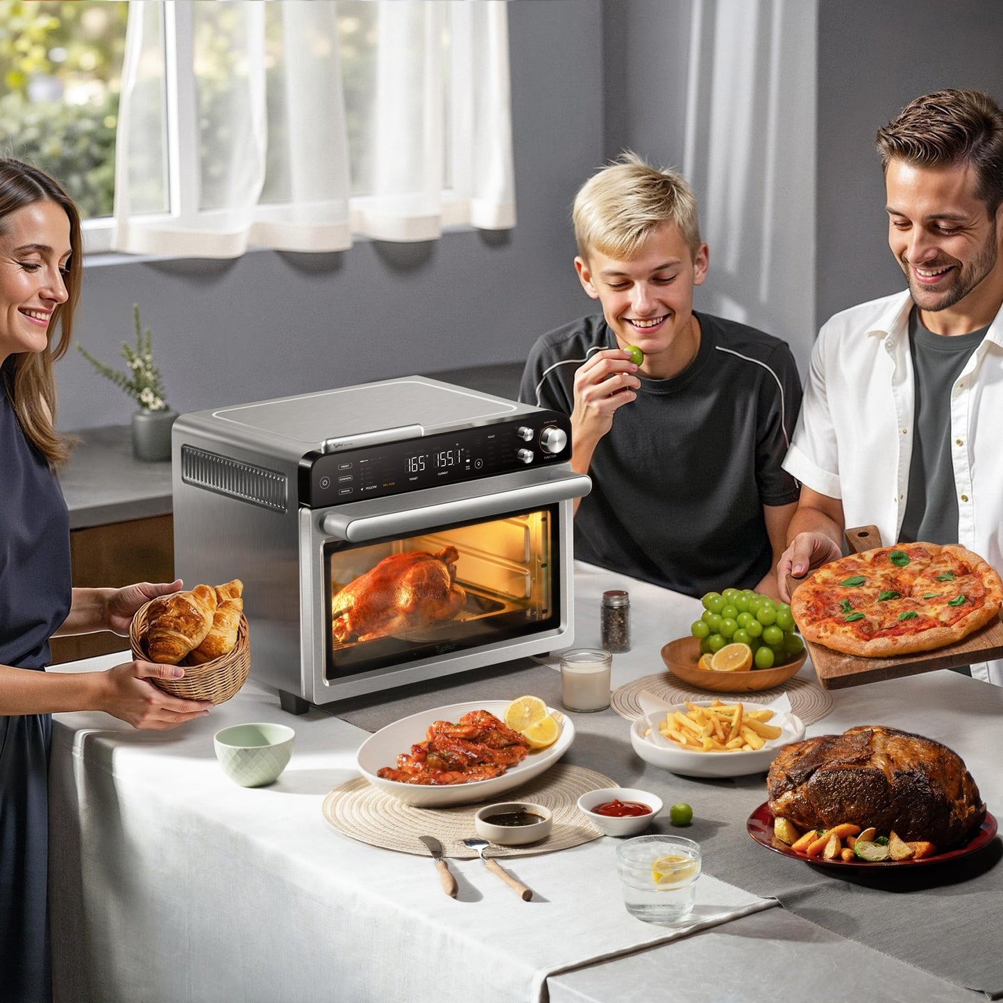 Typhur Sync Oven with Smart AI Wireless Meat Thermometer Probe, 12‑in‑1 Countertop Air Fryer Toaster Oven Combo, 360° Turbo Convection, Dehydrator, Recipe & 5 Accessories, Large 27QT, Stainless Steel