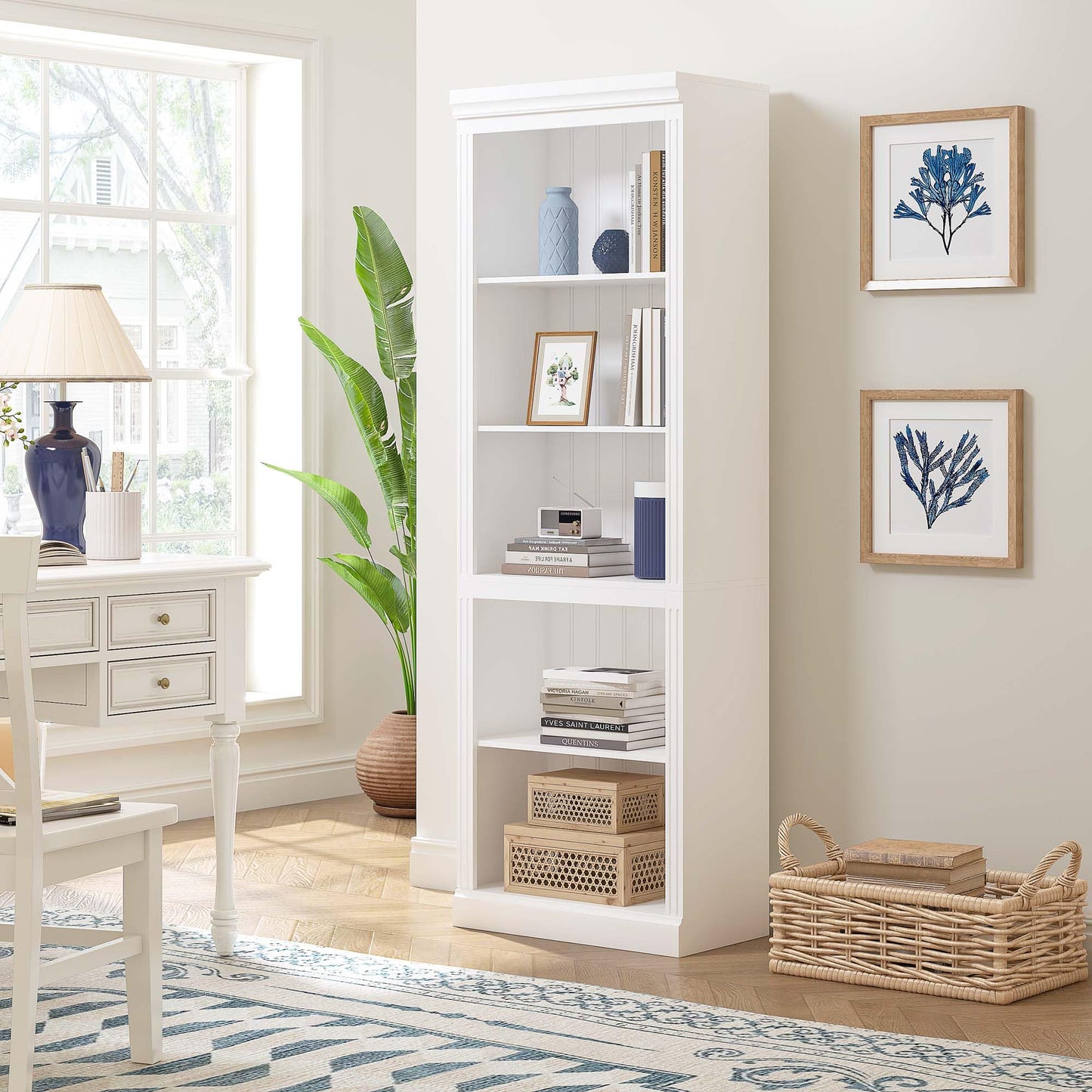 Spirich 5 Tier White Bookshelf, Tall Bookshelf with Storage, Open Wooden Book Shelf, Modern Large Bookcase for Living Room, Home Office, Dinning Room