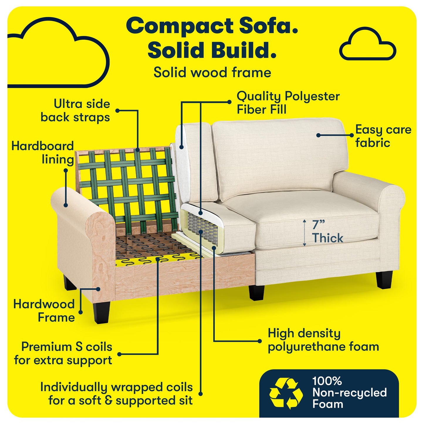 Serta Copenhagen 73" Rolled Arm Sofa, Easy Care Polyester, Soft Pillow Back, Pocket Coil Seat Cushions, Removable Covers, Loveseat or Couch for Small Spaces, Living Rooms or Bedrooms, Buttercream