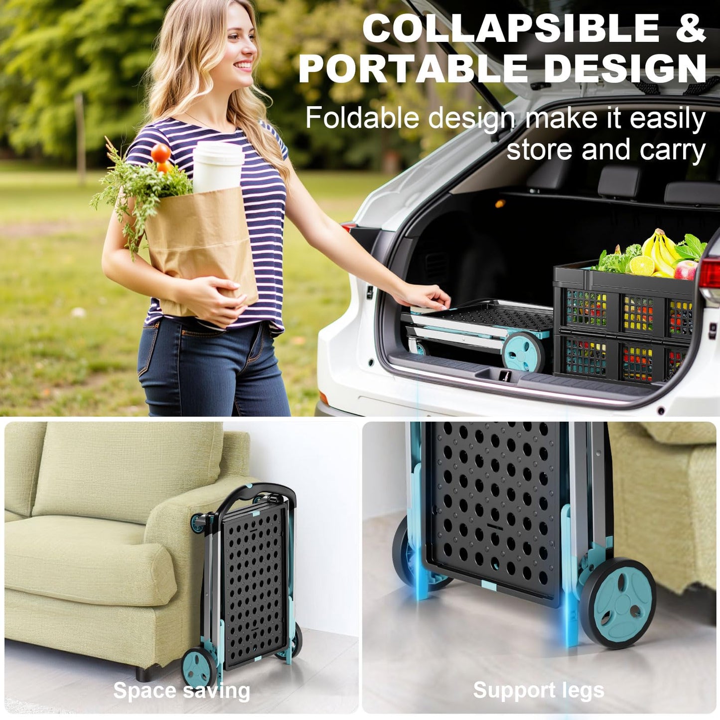 Foldable Shopping Cart, 200 lbs Capacity Grocery Cart on Wheels with Two Collapsible Crate Heavy Duty Collapsible Carts with Foot Brake for Groceries, Office, Warehouse and Supermarket