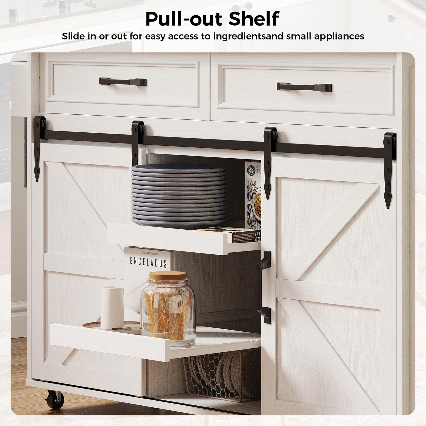 IRONCK Kitchen Island with Storage, Rolling Kitchen Island Cart with Drop Leaf Countertop and Pull-Out Shelf, Barn Doors, for Dining Room, Home Bar, White