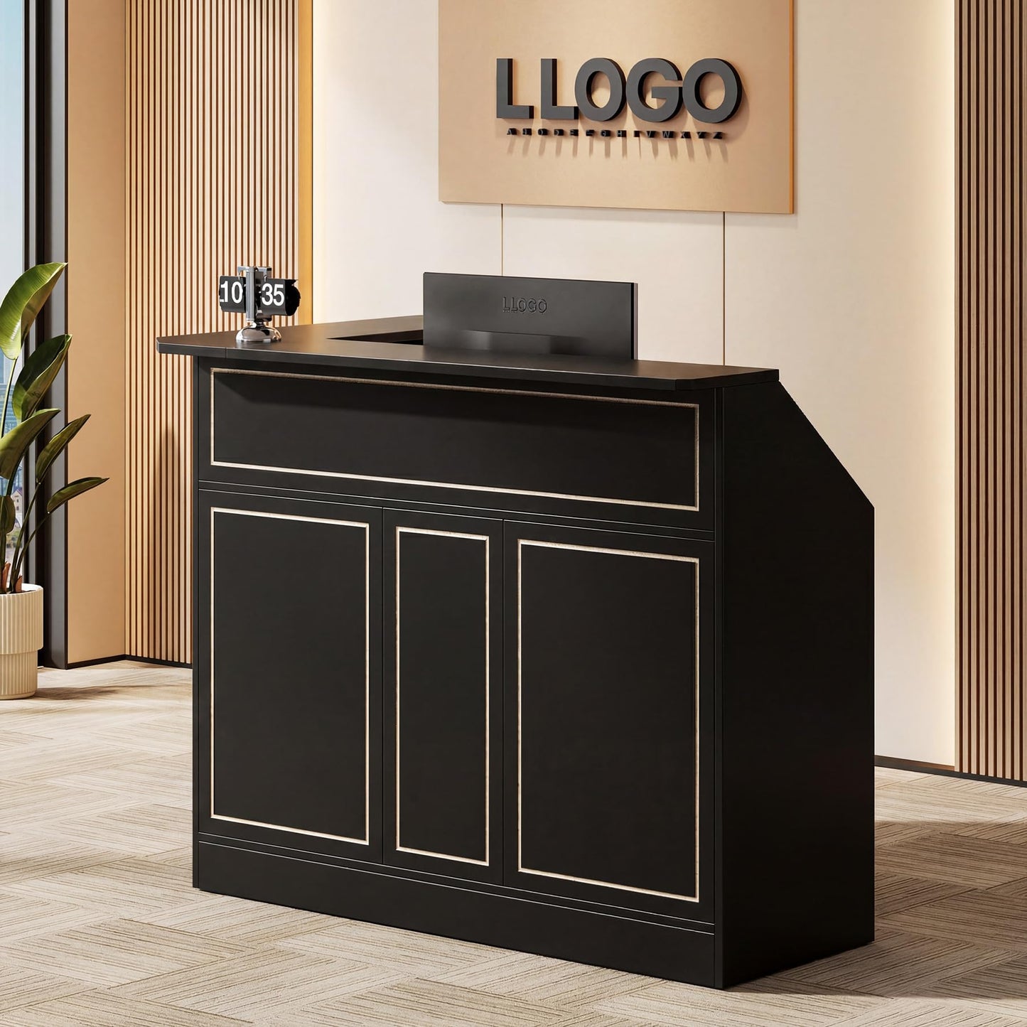 Tribesigns L-Shaped Reception Desk, Modern Black Front Counter with 2-Tier Storage & Stemware Rack, Elegant Office Reception Desk for Lobby, Business Area