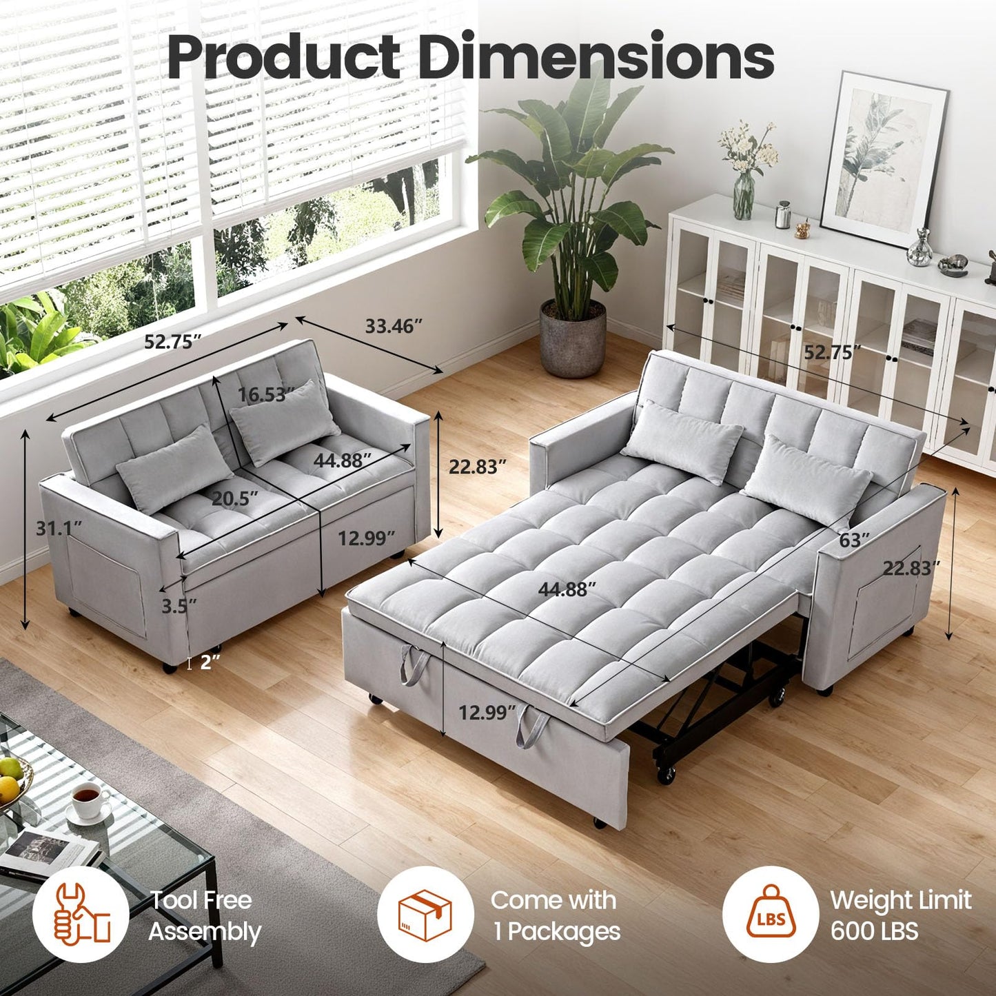 Trygoal 3 in 1 Convertible Sleeper Sofa Bed, Velvet Fabric Loveseat Sofa Bed with Adjustable Backrest & Large Side Pockets, Pull Out Couch for Small Spaces, Apartment, Living Room, Gray