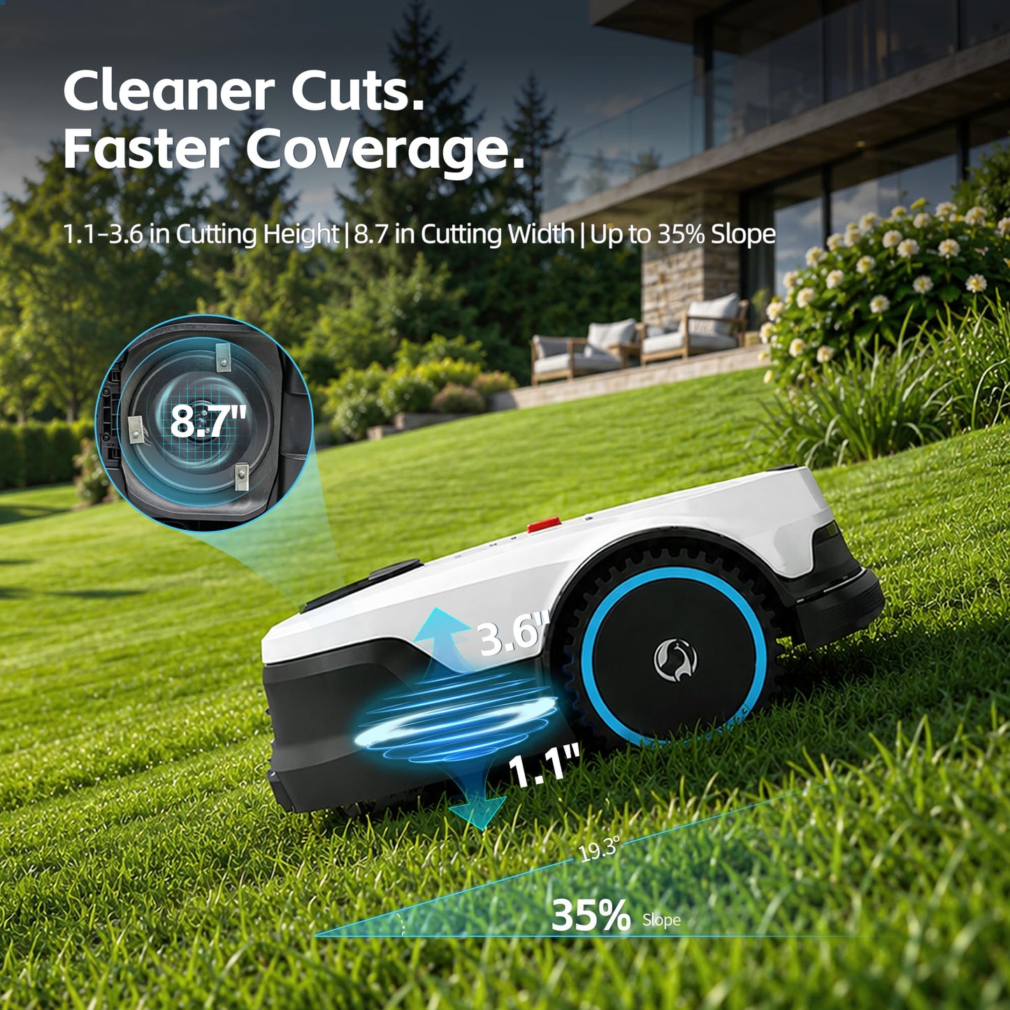 Lawn Mower, Visual+RTK Navigation, Works Under Trees, No Wire, Covers Up to 1/4 Acre, Robotic Mower with Auto Mapping & 6000mAh high-Capacity Battery