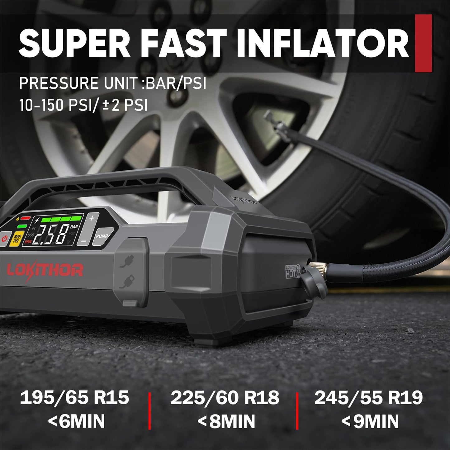 LOKITHOR JA302 Jump Starter with Air Compressor, 2500Amp 12V Portable Car Battery Booster Pack for Upto 8.5L Gas or 6.5L Diesel, 150 PSI Tire Inflator with Digital Screen, 36 Months Ultra-Long Standby