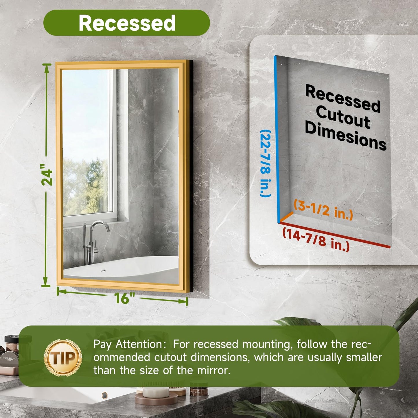 HGLITEDMIR 16 x 24 Inch Medicine Cabinet Recessed or Wall Mount Aluminum Bathroom Medicine Cabinet with Mirror and 3 Adjustable Shelves for Bedroom Entryway Dressing Room Apartment and Hotel Gold
