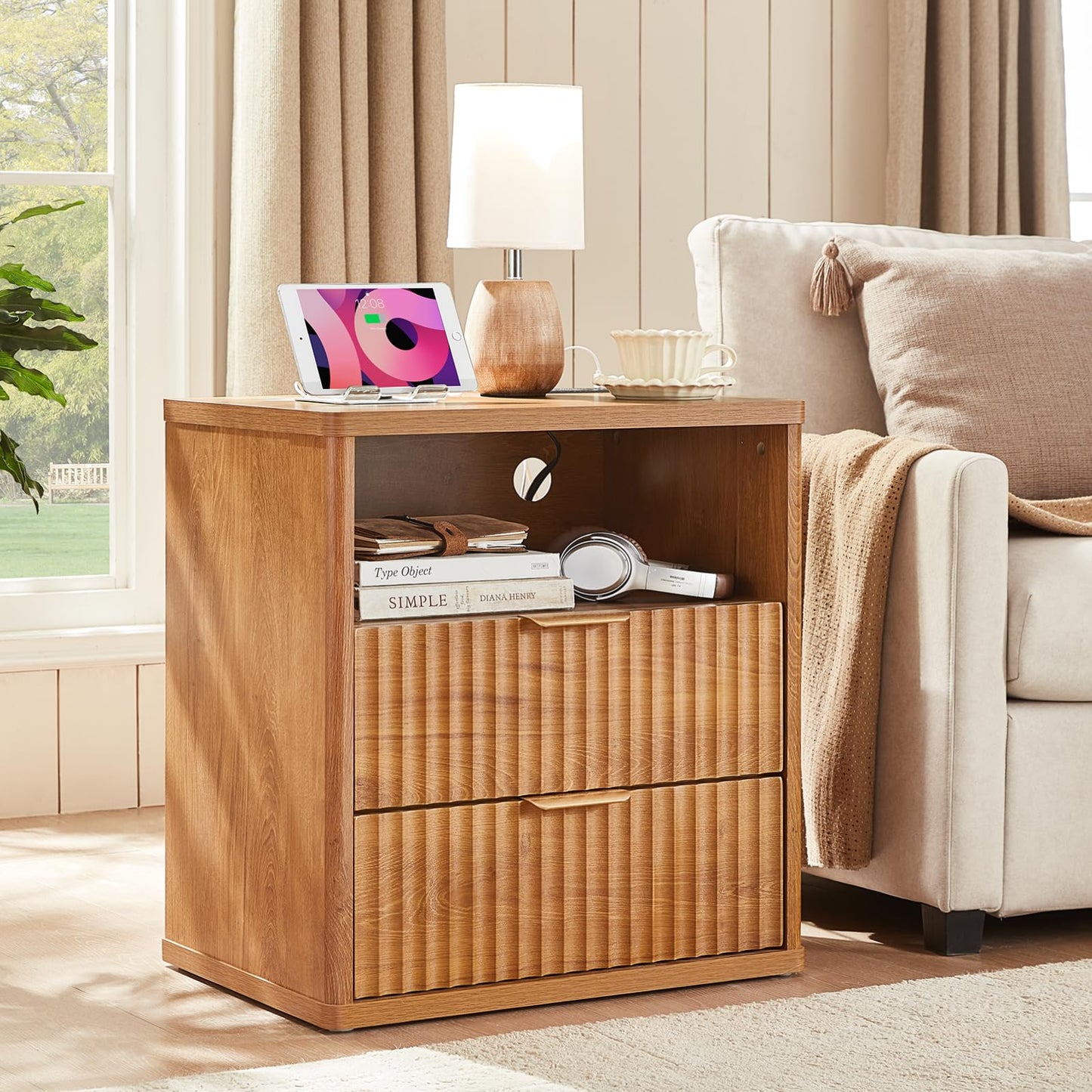 LEYAOYAO Fluted Farmhouse Nightstand Set of 2 with Charging Station, 23" Wide 2 Drawers End Table,Brown Dresser for Bedroom,Bed Side Table Chest of Drawers Cabinet,Wood Night Stand for Living Room
