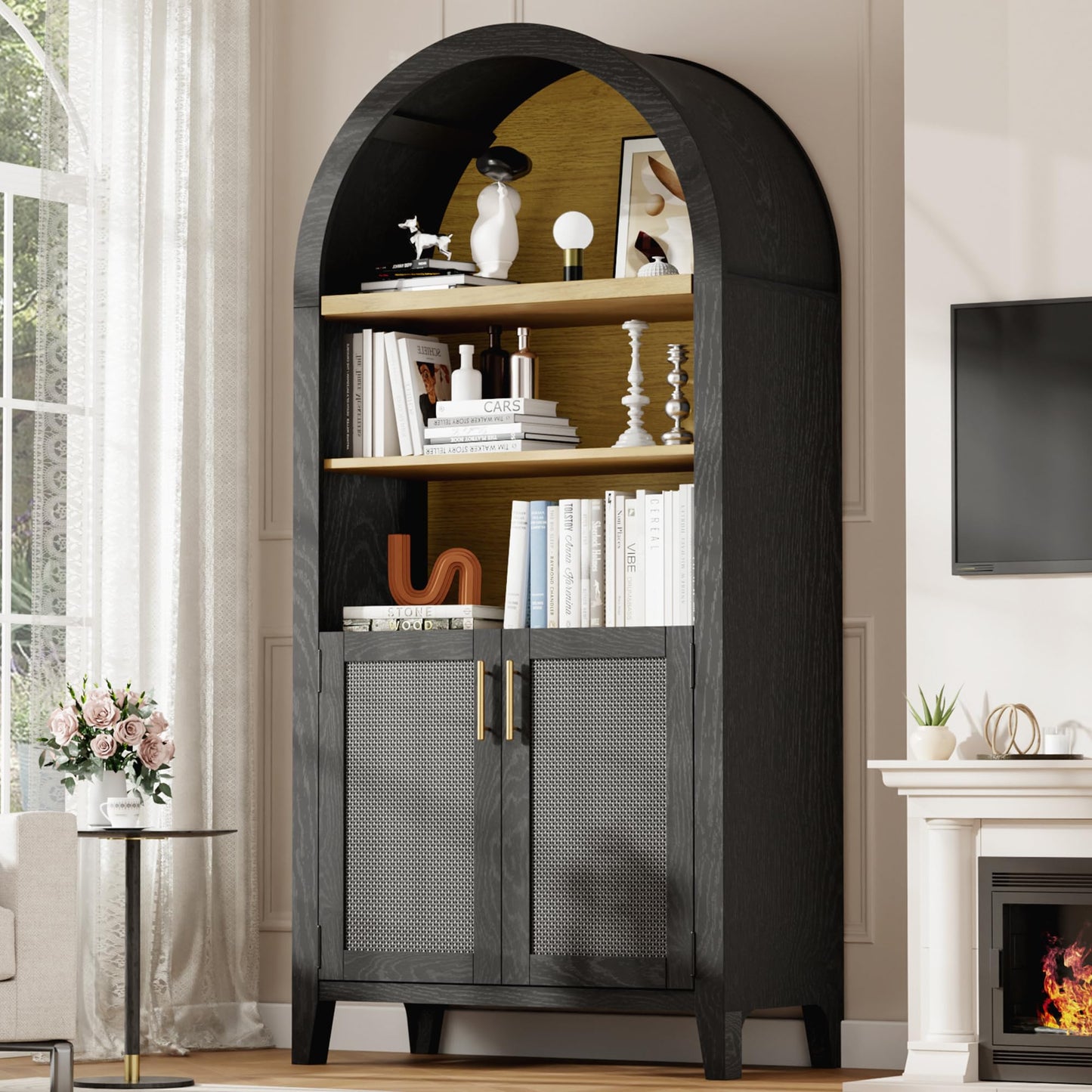 Trygoal 63" Black Arched Cabinet with Doors, 5-Tier Arched Bookshelf with Storage Wood Storage Cabinet with Adjustable Shelves for Kitchen, Living Room, Office, Black & Rattan