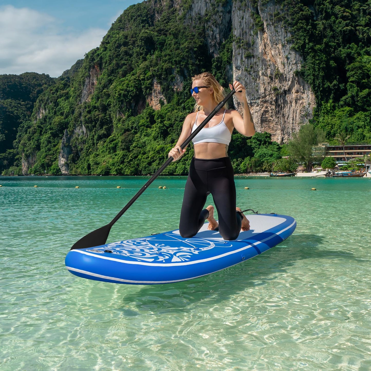 FEATH-R-LITE Inflatable Paddle Board Stand Up Paddleboards for Adults SUP with Premium Accessories Pump, Adjustable Paddle, Leash, Three Fins, Backpack (Dark Blue)