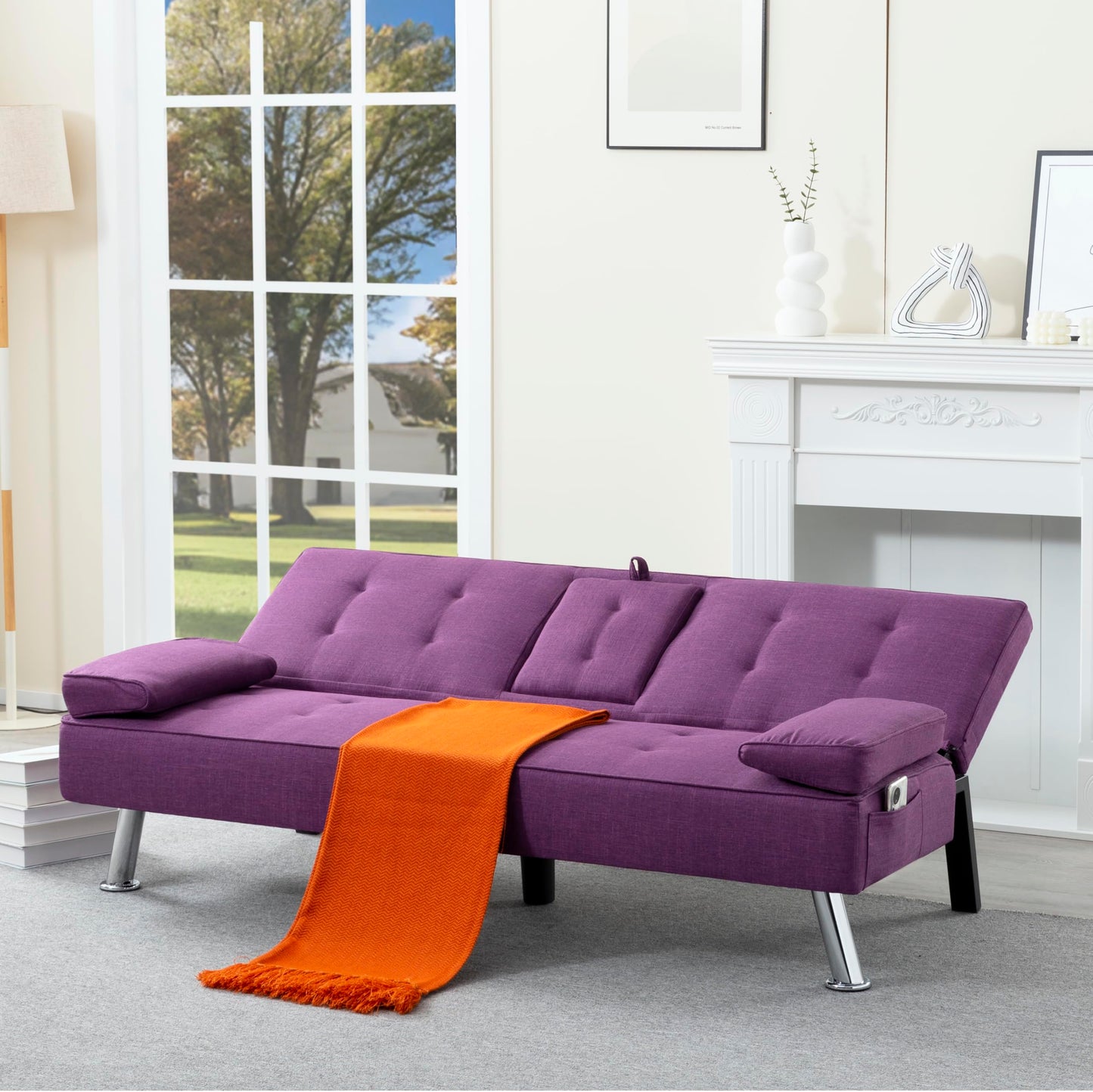 Trygoal Linen Futon Sofa Bed, Small Futon Couch Bed with Adjustable Armrest and Tufted Back, Convertible Sofa Beds with Adjustable Backreat for Small Spaces, Living Room, Apartment, Purple