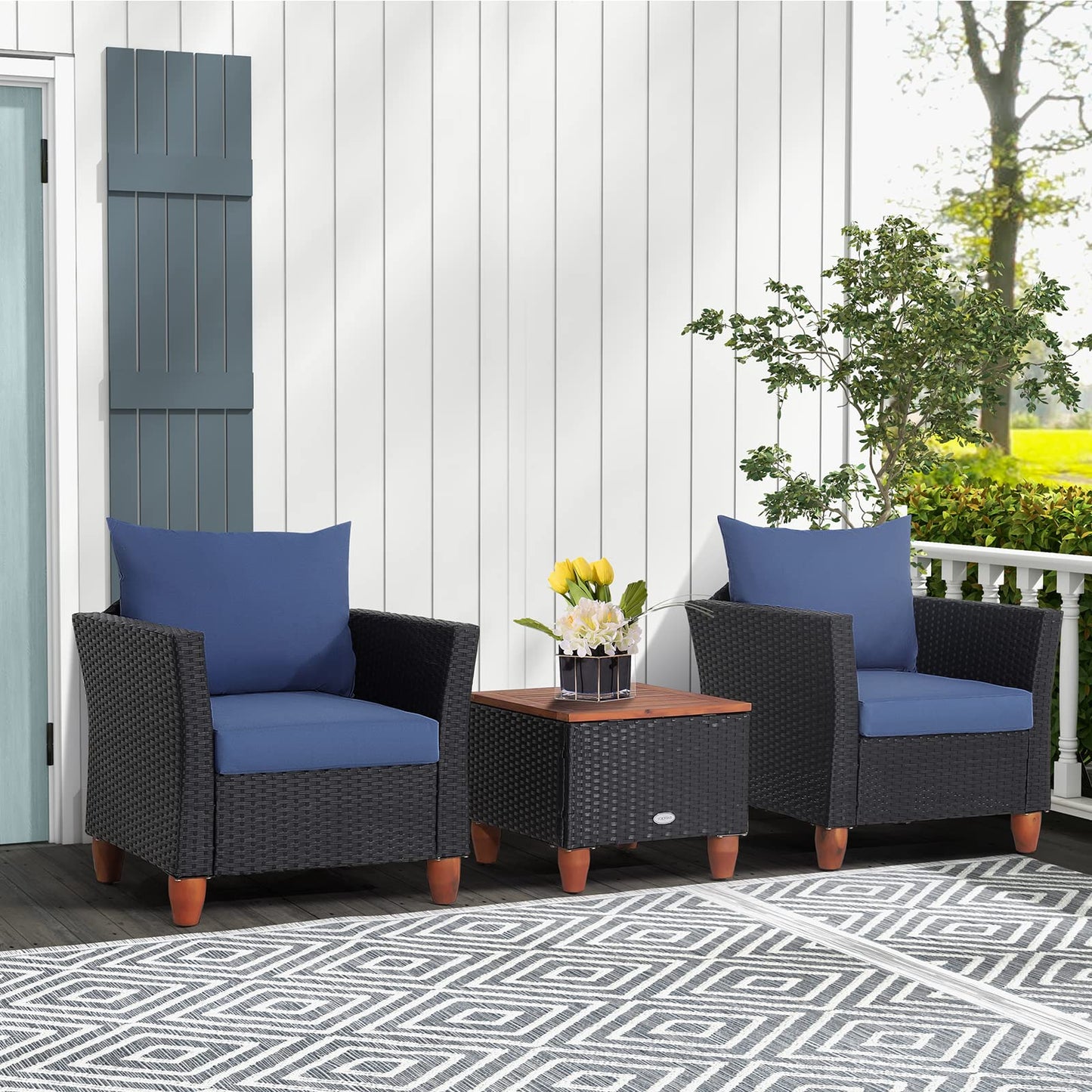 Tangkula 3 Piece Patio Furniture Set, Patiojoy Outdoor Wicker Rattan Bistro Sofa Set w/Washable Cushion, Acacia Wood Top Coffee Table, Conversation Set for Balcony Backyard Porch (Blue)
