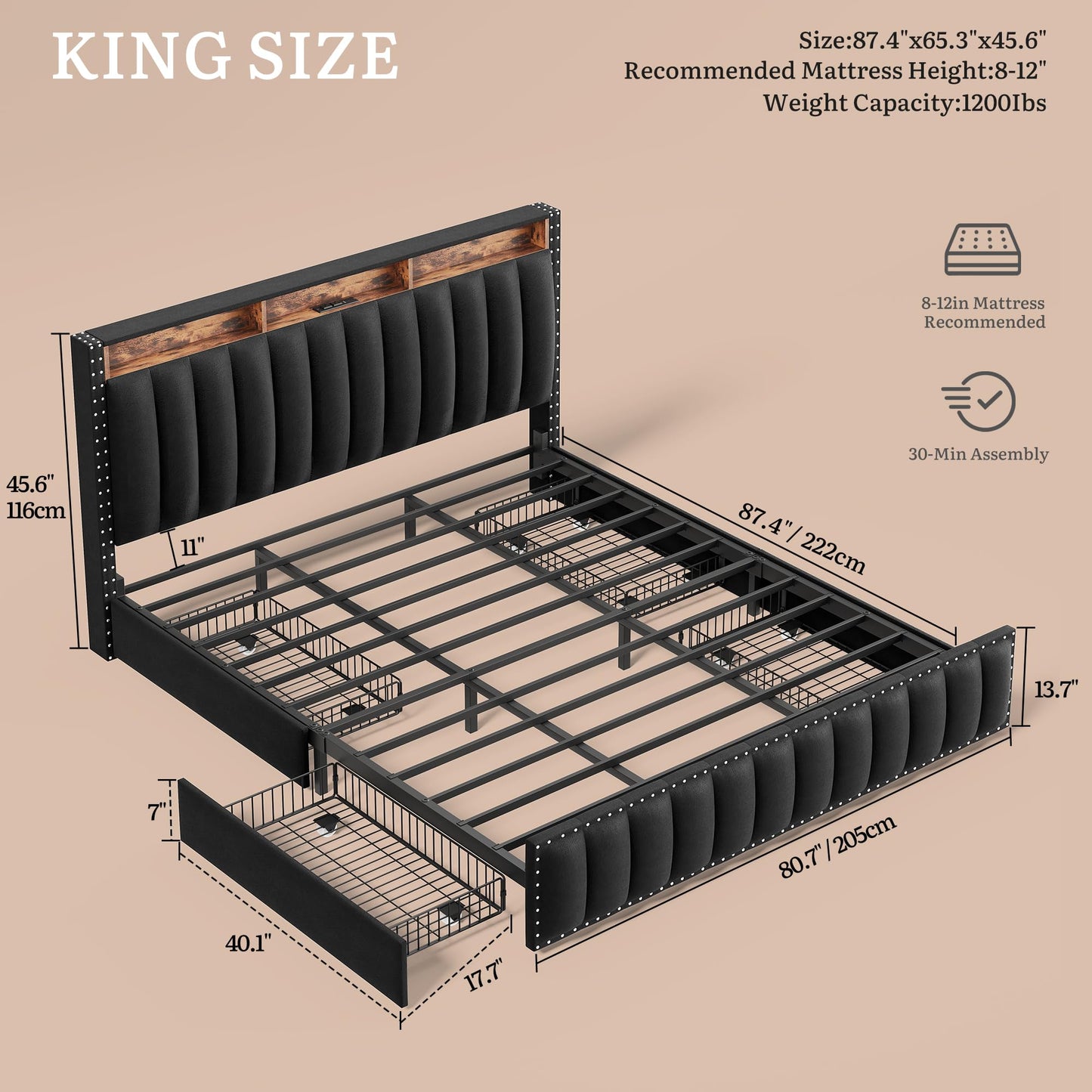YITAHOME King Size Bed Frame with 4 Storage Drawers and RGB LED Lights, Velvet Upholstered Platform Bed with Charging Station and Bookcase Storage Headboard, No Box Spring Needed, Easy Assembly, Black