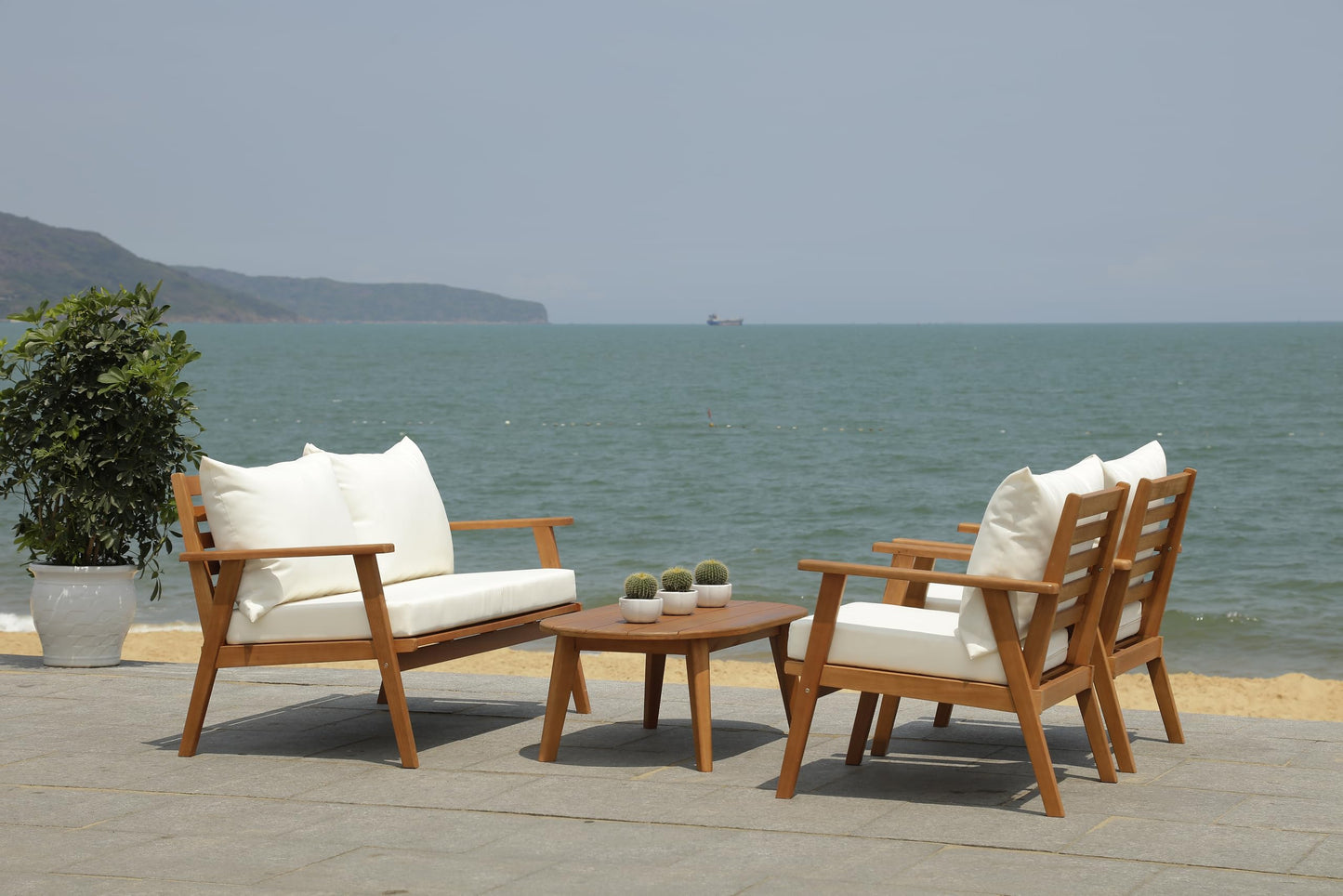 SAFAVIEH Outdoor - Deacon 4-Piece Conversation Set - Brown & Beige - Solid Wood - Coastal Slatted Design with Cushions - Ideal for Patio, Deck, Porch, Backyard (PAT7050A)