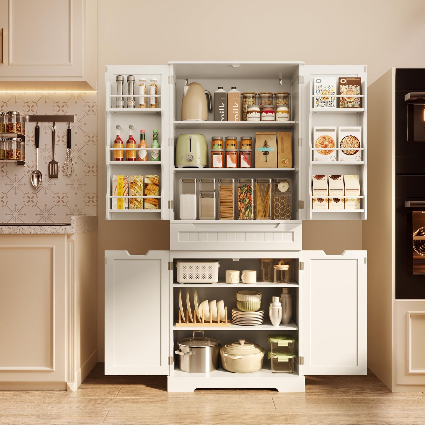 Gizoon 70" Tall Kitchen Pantry Cabinet with Doors and Adjustable Shelves, Pantry Storage Cabinet with Drawer Freestanding Organizer for Small Kitchen Bathroom Laundry Room, Painted White