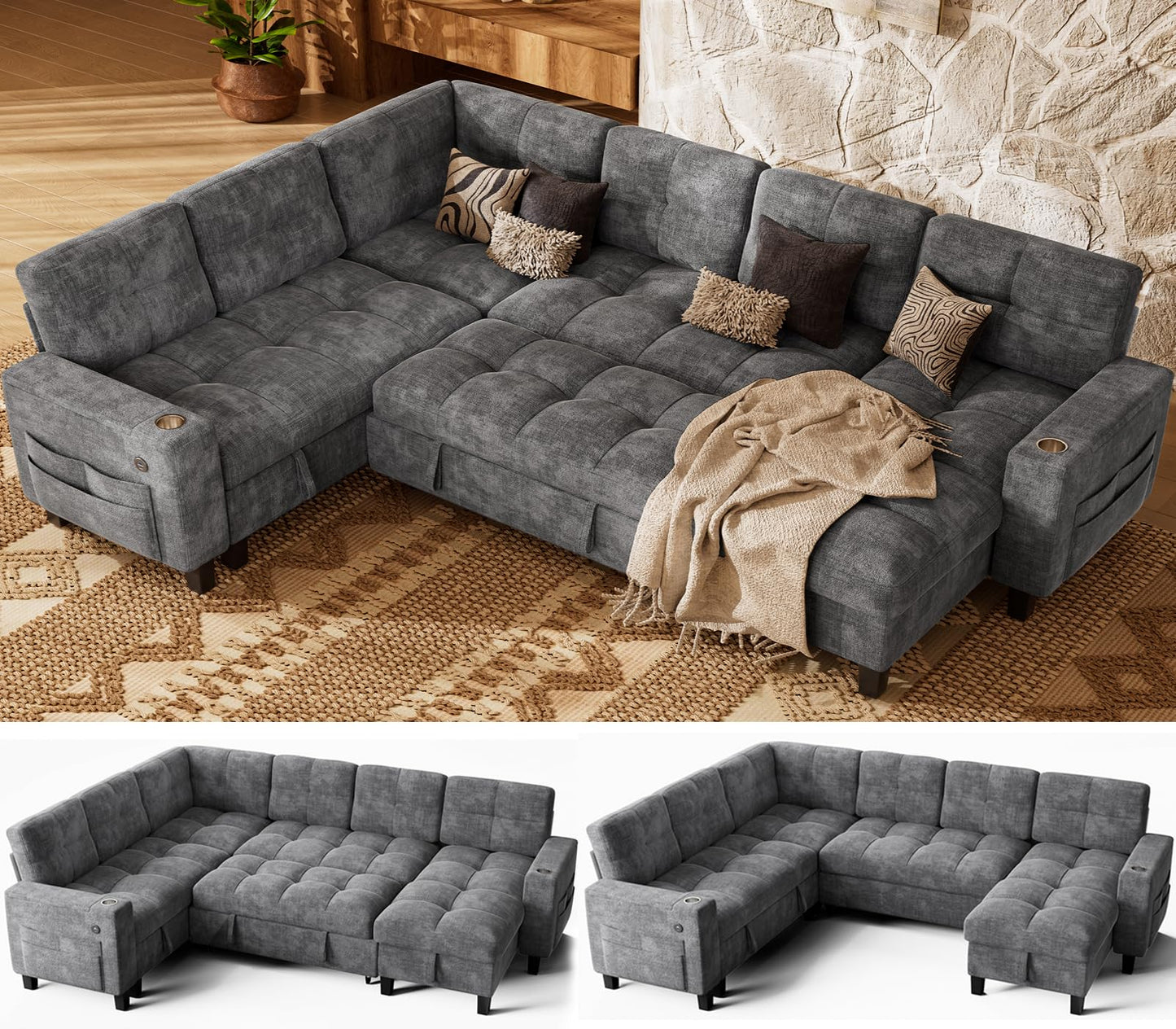 Marsail 110" Sectional Sleeper Sofa with Pull Out Bed, 7 Seat Modular Sectional Couch with Storage, USB & Cup Holders, Modern Chenille Cloud Sofa for Living Room, Light Gray