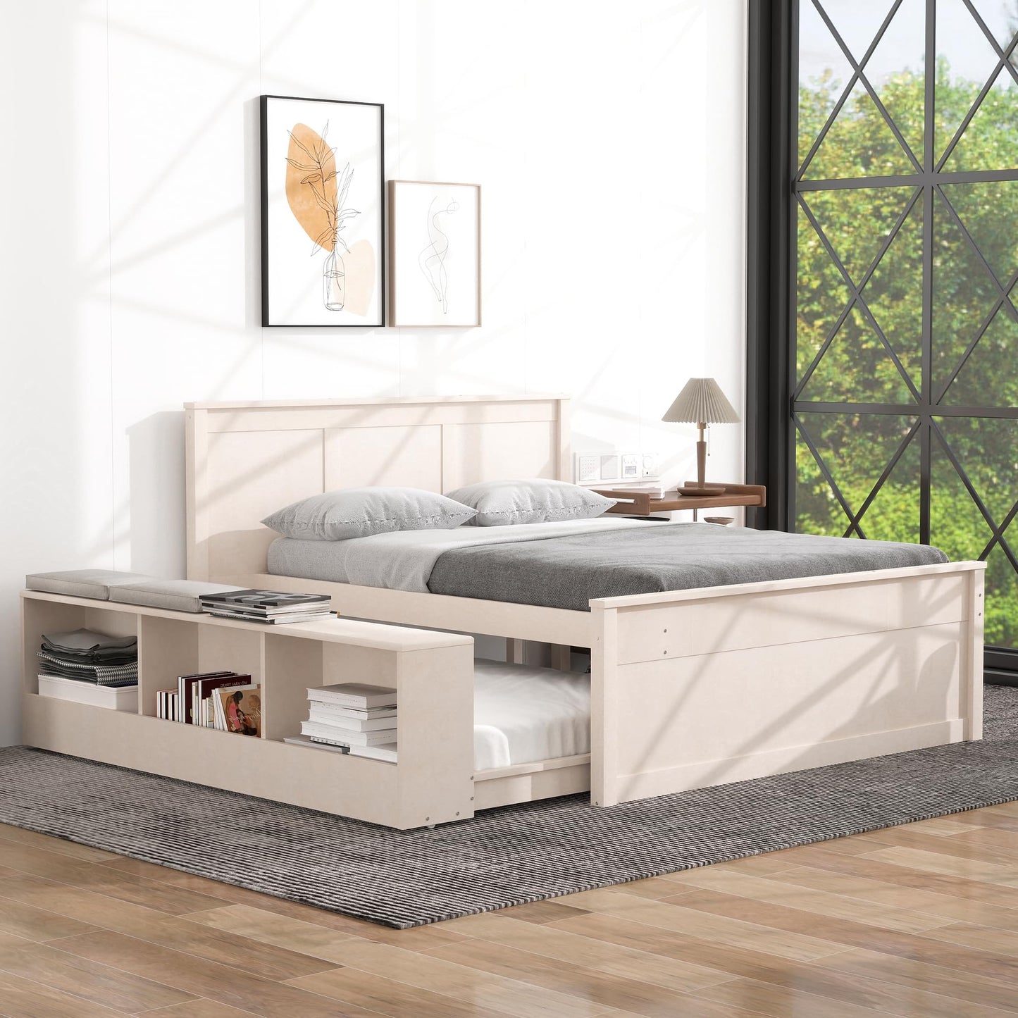 Merax Classic Solid Wood Platform Bed with Trundle Bed and Storage Cabinet, Full Storage Bed Frame with Headboard for Bedroom, Guest Room,No Box Spring Needed, Space Saving, Cream White