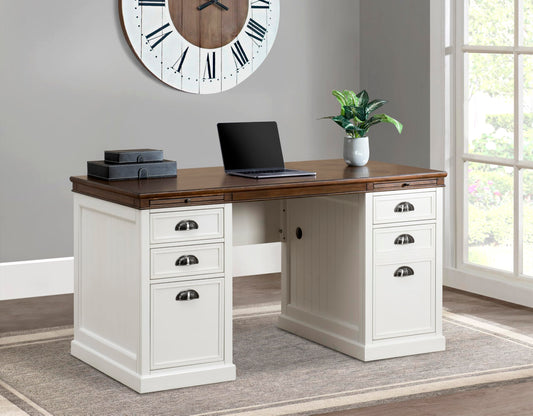 Sunjoy Computer Desk, 58 Inch Richland Double Pedestal Desk, Home Office Desk Work Station with Charging Station, Four Drawers and One Cabinet