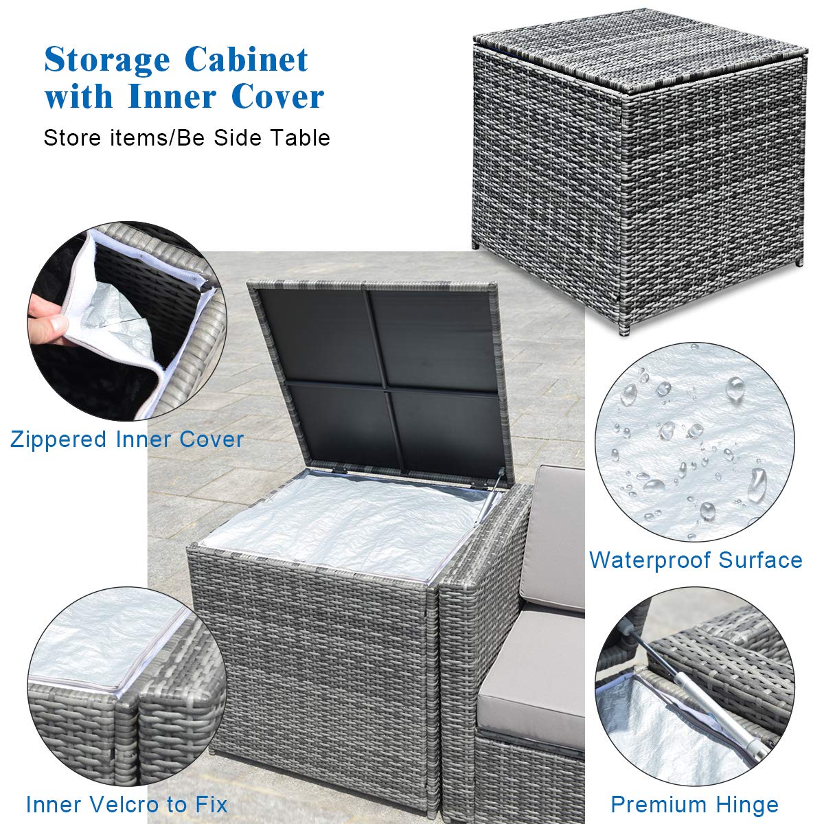 Tangkula 8 Pieces Wicker Patio Furniture Set with Storage Deck Box, PE Rattan Outdoor Sectional Sofa Conversation Set with Coffee Table & Cushions, Outside Furniture for Garden Yard Poolside (Navy)