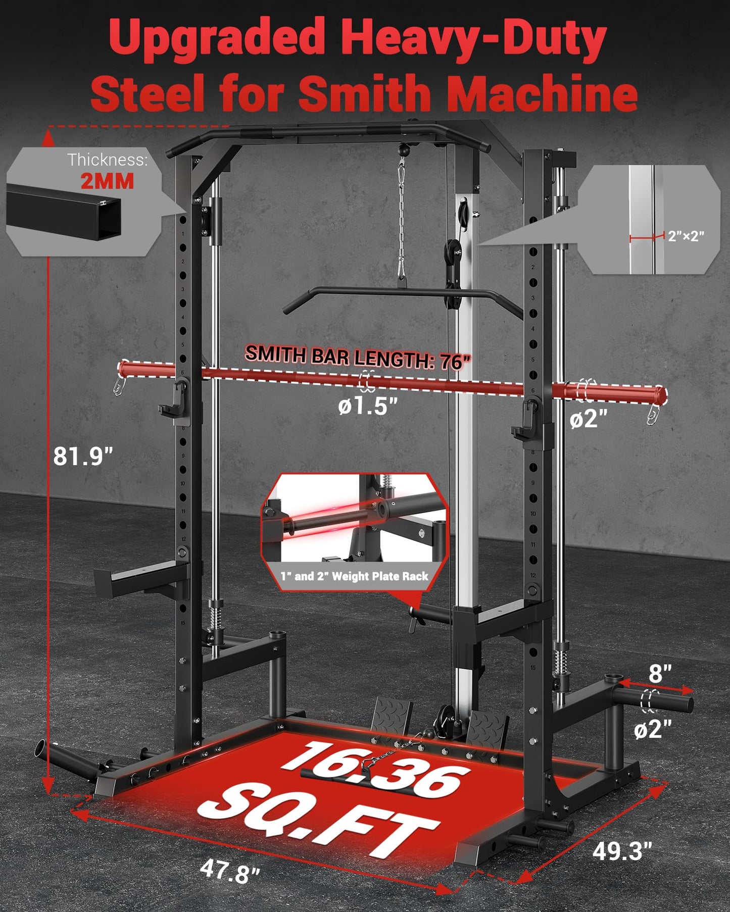GarveeLife Smith Machine Home Gym with Barbell Bar, Cable System, LAT Pulldown Attachments, Safety Spotter Arms, J Hooks, Landmine, Multi-Functional Squat Rack for Full Body Strength Training