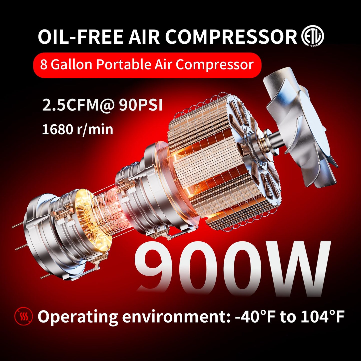 6 Gallon Portable Air Compressor 1HP 2.5 CFM@90PSI 60dB Ultra Quiet Oil Free Air Compressor Ideal for Tire Inflation Pneumatic Tool Spray Painting