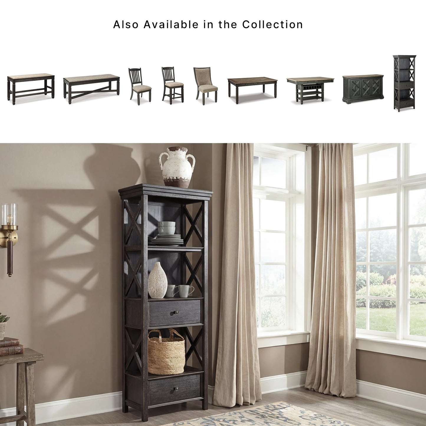 Signature Design by Ashley Tyler Creek Casual Farmhouse 75" Display Cabinet or Bookcase with Drawers and Shelf, Open Lattice Sides, Wood, Gray Black Finish