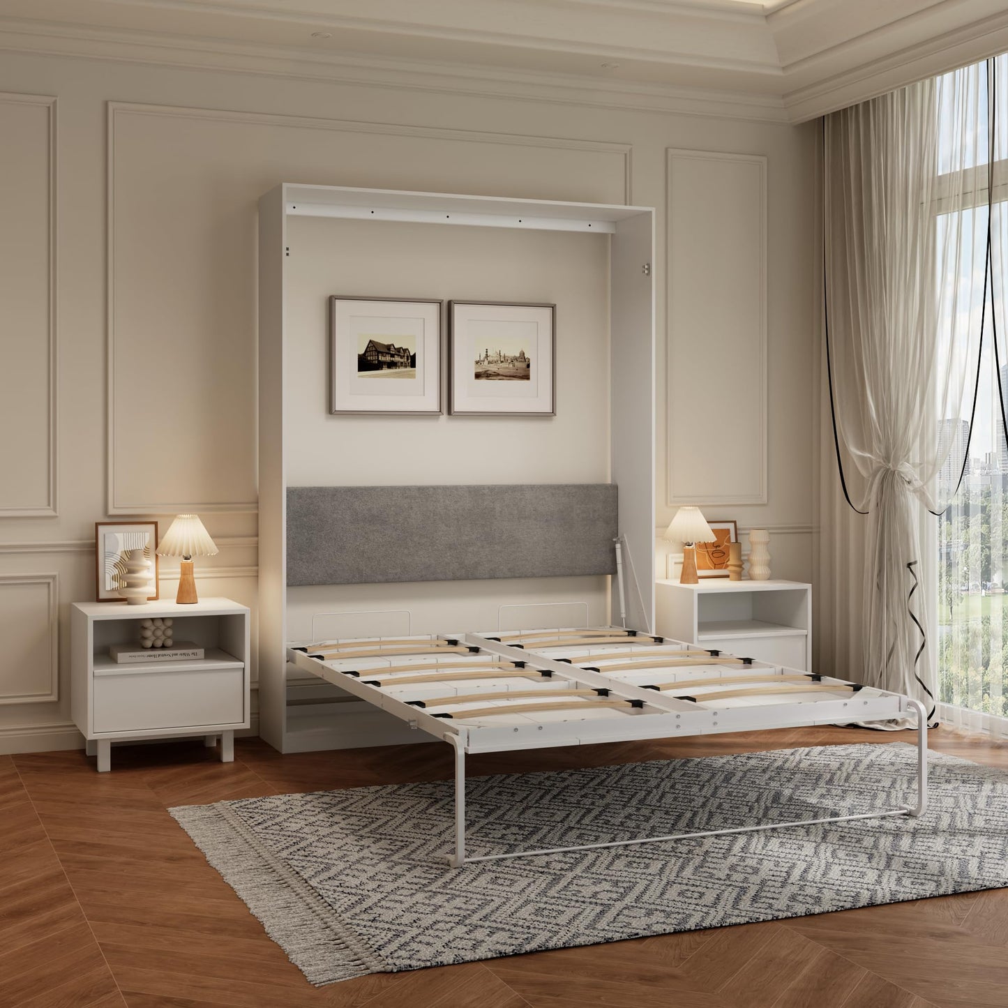 Jiaoun Queen Murphy Bed,Farmhouse Guest Beds,Folding Wall Bed with Hydraulic Bar,64" W Twin Murphy Beds for Small Spaces/Offices/Apartments/Guest Room,White