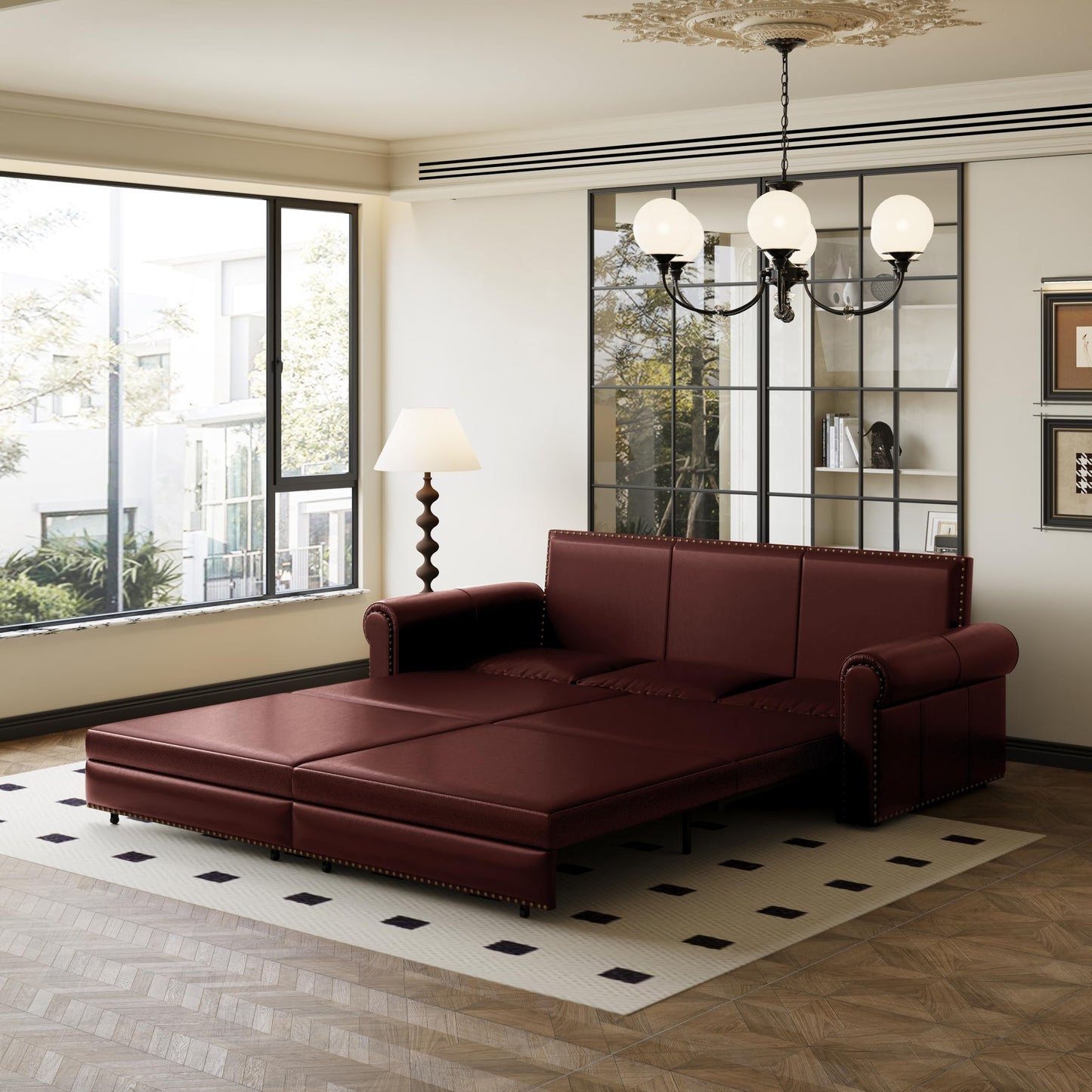 Ball & Cast 3-in-1 Convertible Sofa Bed,93.7" Faux Leather King Pull Out Couch Bed, Loveseat Sleeper Sofa with Nailhead Trim & Rolled Arm,Multi-Functional Sofa Couches for Living Room,Dark Brown