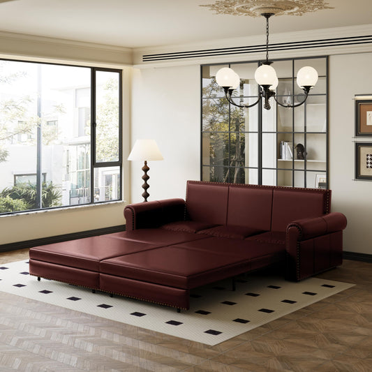 Ball & Cast 3-in-1 Convertible Sofa Bed,93.7" Faux Leather King Pull Out Couch Bed, Loveseat Sleeper Sofa with Nailhead Trim & Rolled Arm,Multi-Functional Sofa Couches for Living Room,Dark Brown
