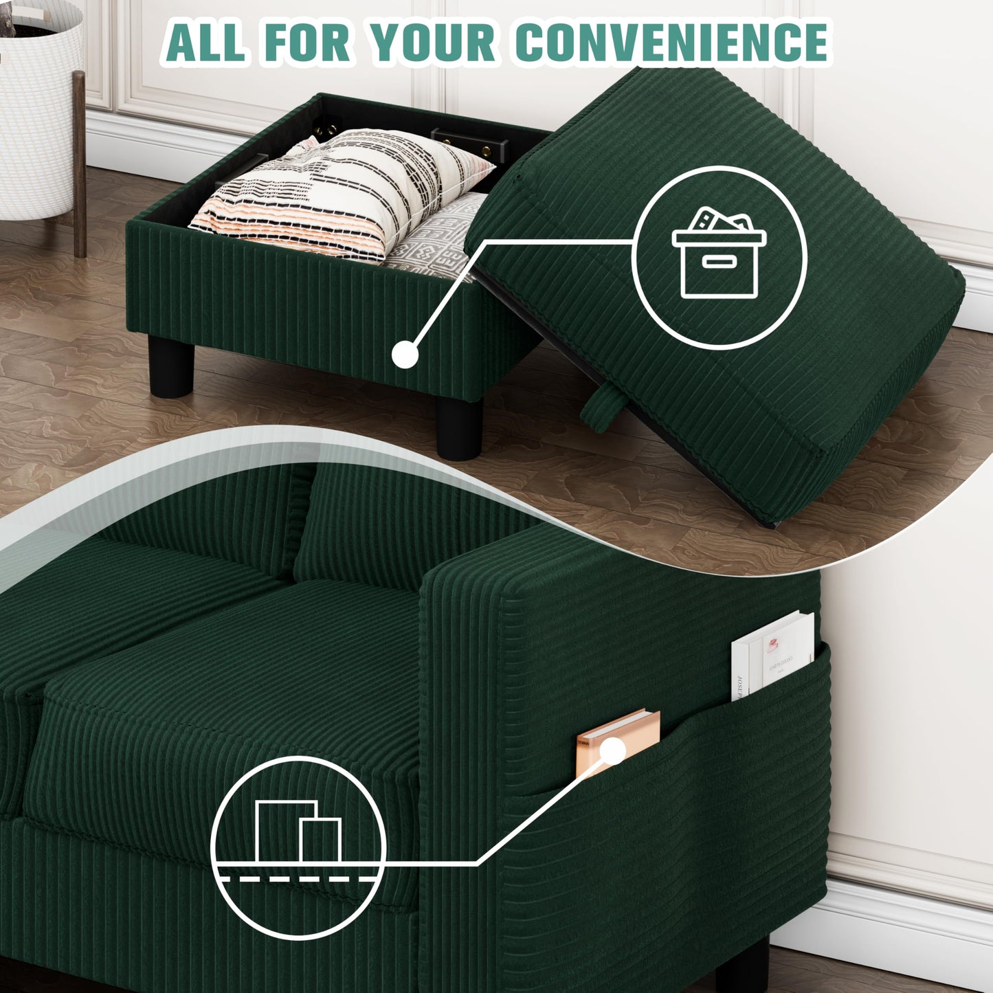 SUNLEI Convertible Sectional Sofa Couch, 3 Seat L-Shaped Sofa with Removable Ottoman Storage, L-Shaped Small Couch for Living Room, Olive Green