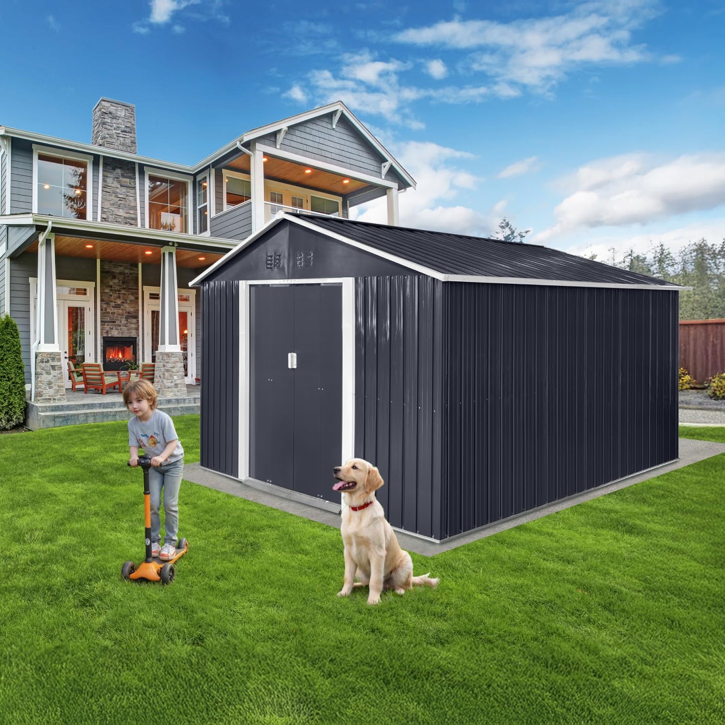 LINKHOO 9 x 10.6 Ft Outdoor Storage Shed, Heavy-Duty Metal Shed with Windows & Secure Lockable Doors, Ideal Storage Shed for Outdoor, Patio, Garden, and Backyard, Black